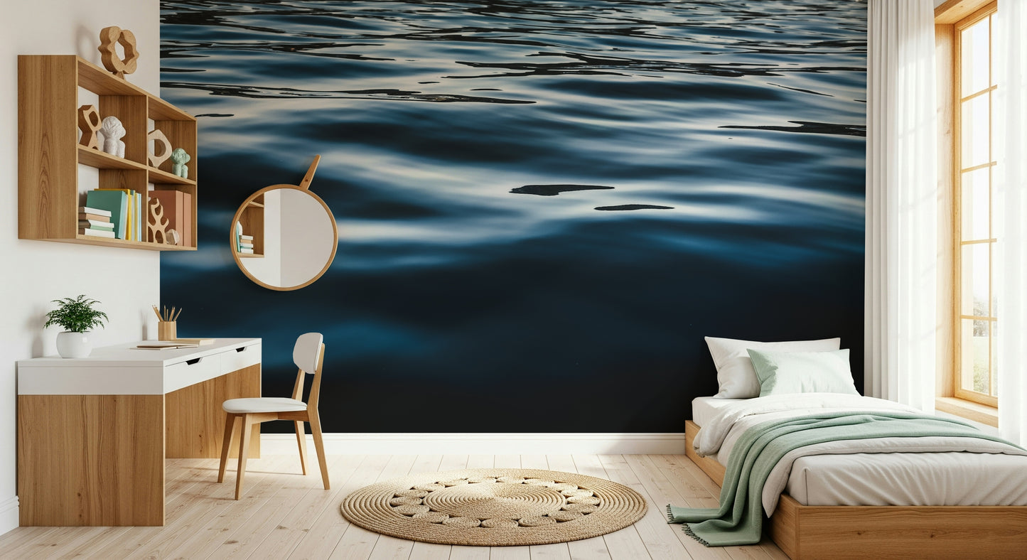 Wall mural with rich blue gradients creating a peaceful and serene accent wall for bedrooms or living rooms.