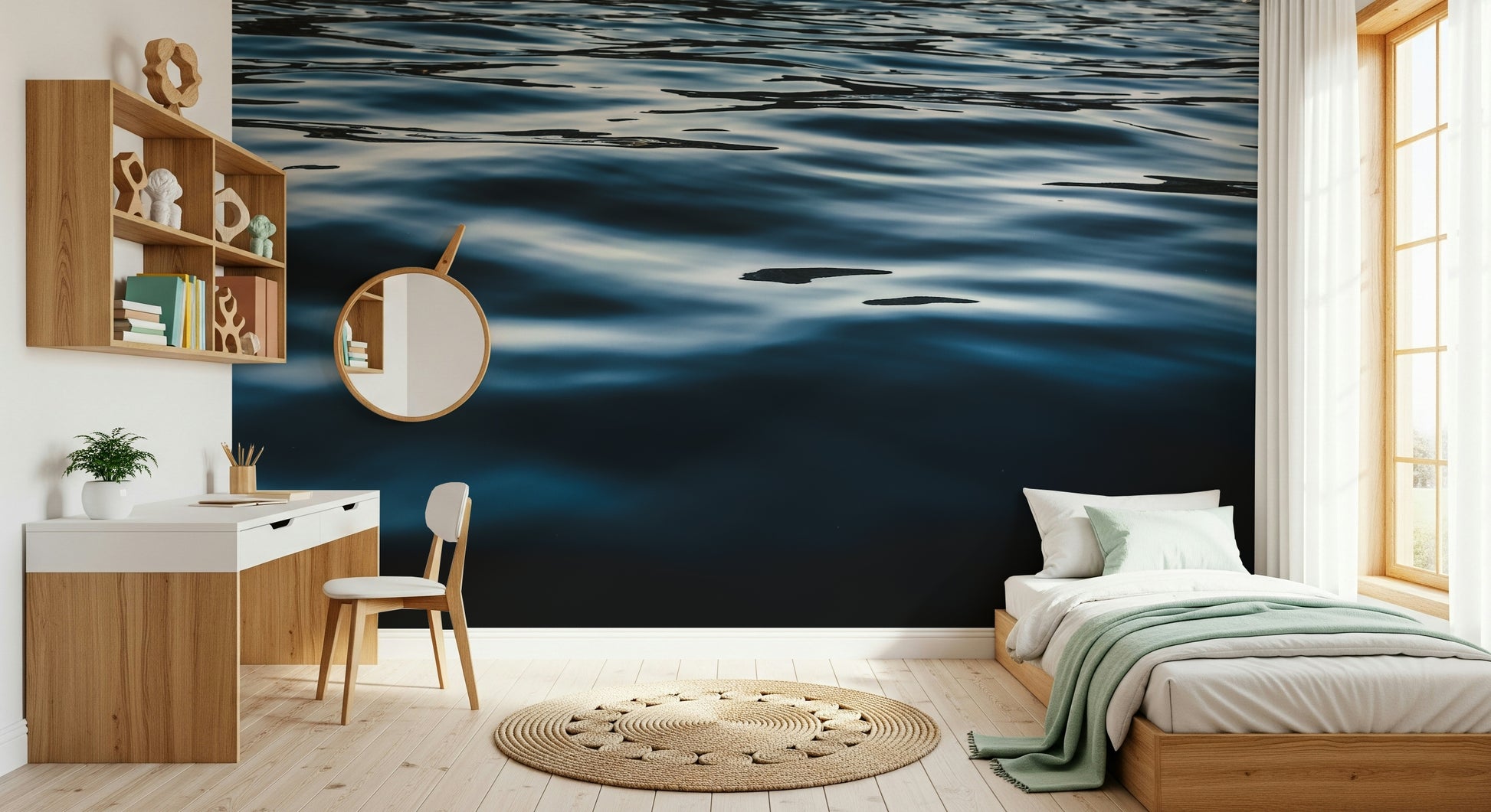 Wall mural with rich blue gradients creating a peaceful and serene accent wall for bedrooms or living rooms.