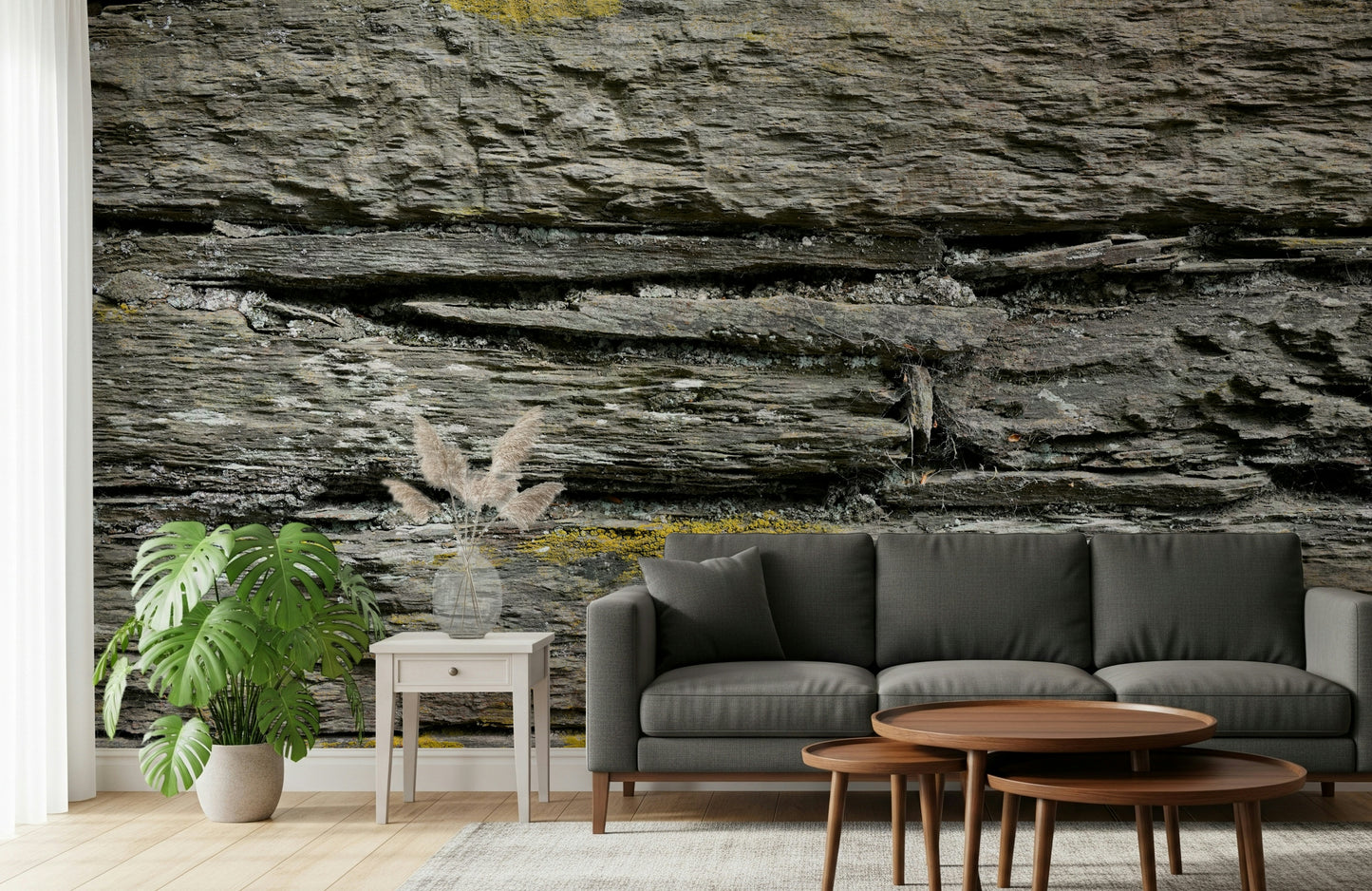 Wall mural featuring earthy stone layers with natural imperfections for authentic rustic appeal.