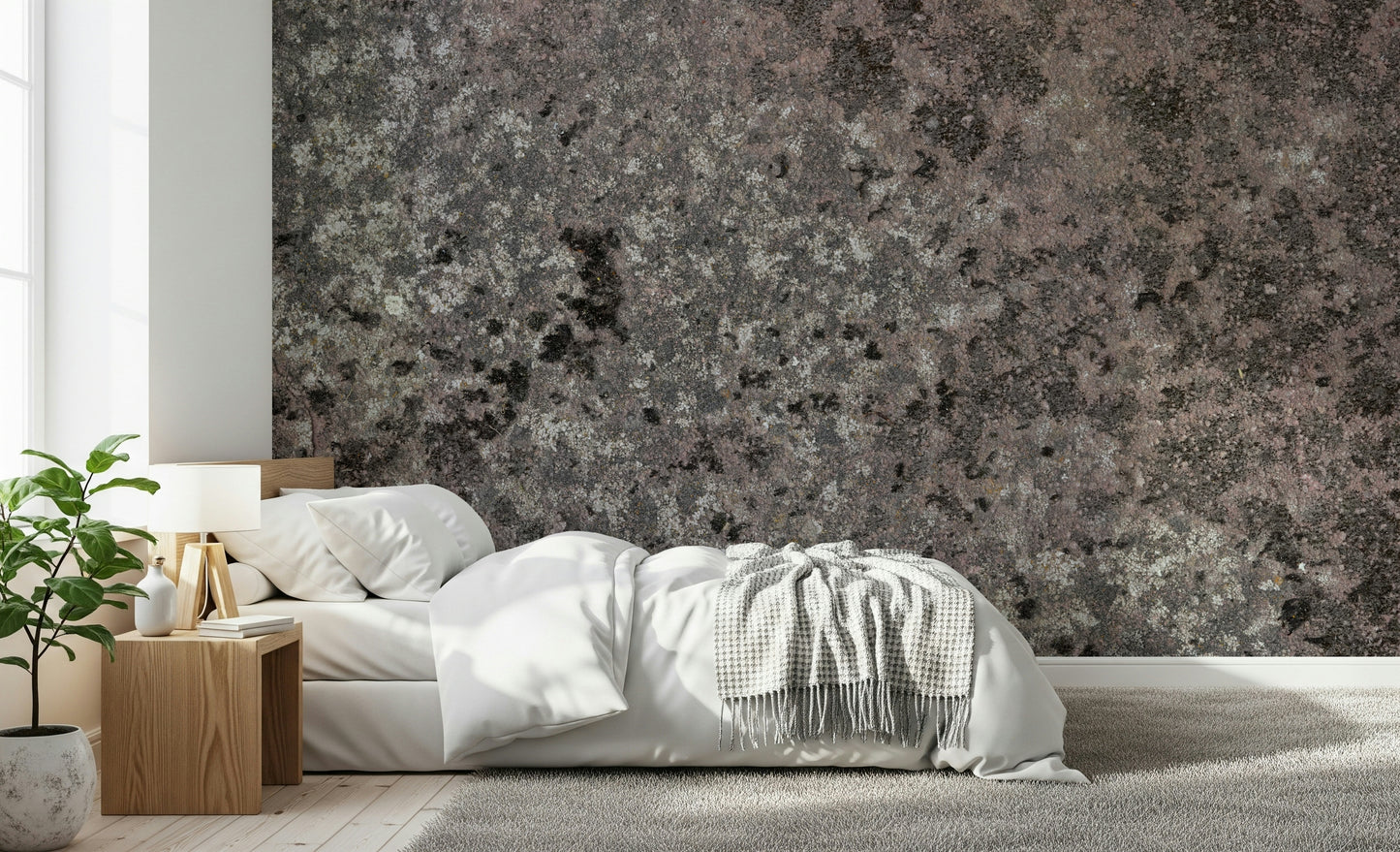 Decorative wallpaper mural blending subtle green lichen textures with earthy hues for serene living spaces.
