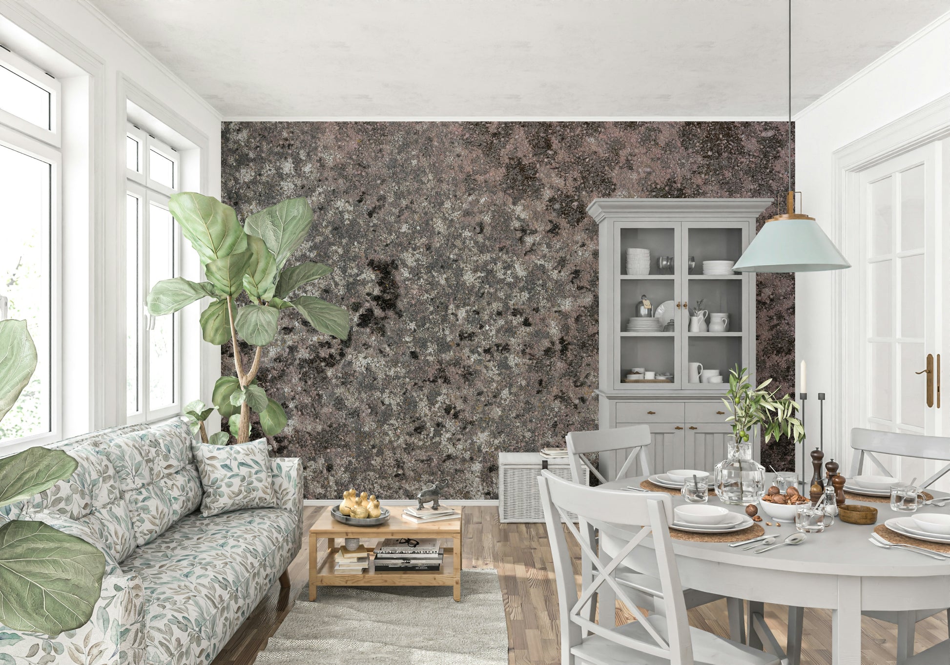 Textured wall mural with delicate lichen patterns creating a calming, botanical accent wall.