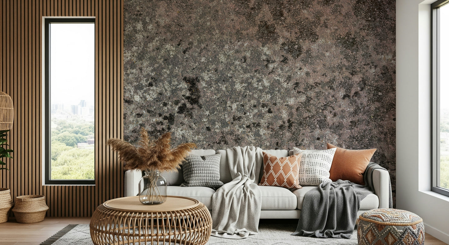 Botanical-inspired wallpaper mural combining lichen bloom patterns and natural tones for organic style interiors.