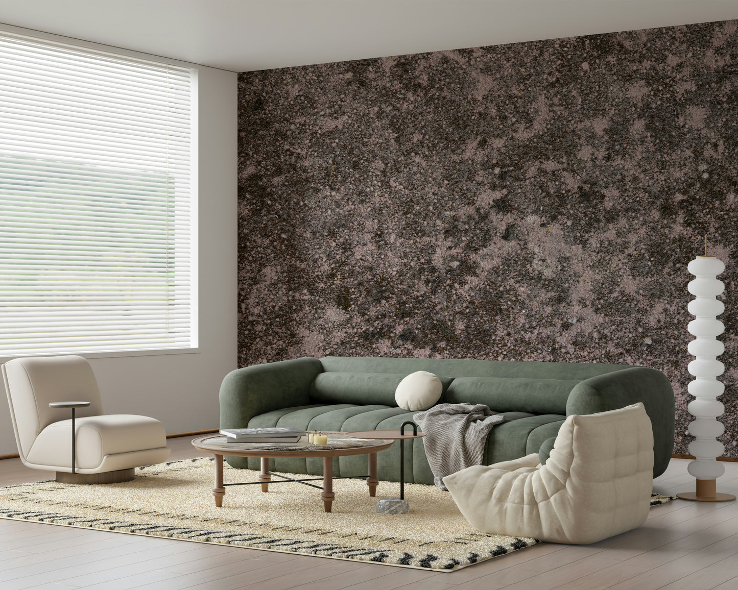 Decorative wallpaper mural blending natural earthy tones with mottled textures for a grounded, organic ambiance.