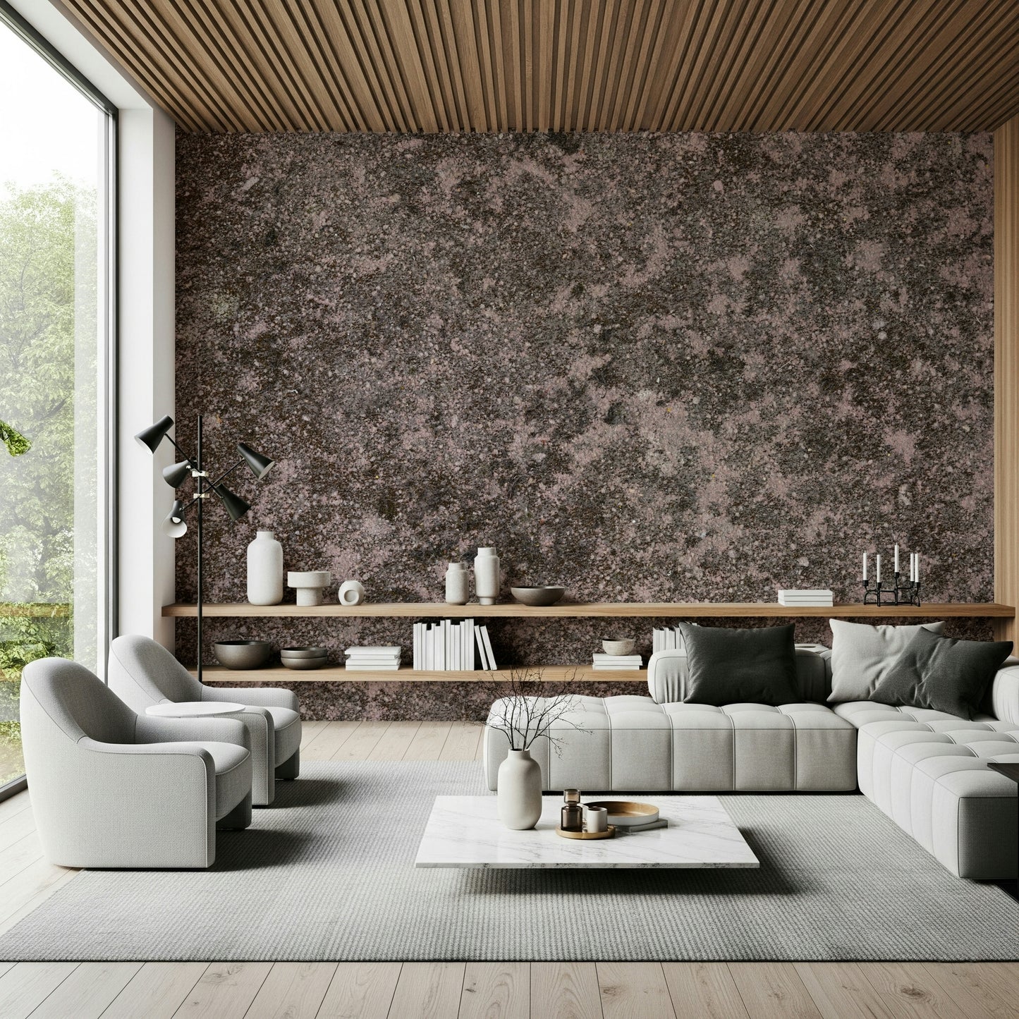 Textured wall mural with mottled soil-inspired patterns creating depth and organic character for living spaces.