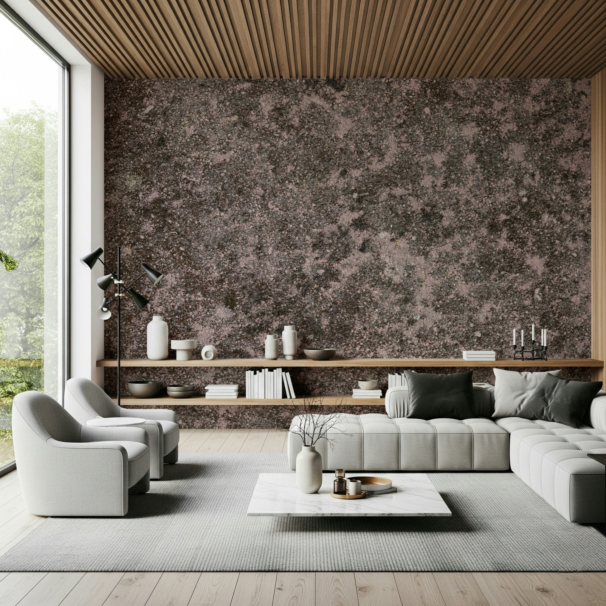 Textured wall mural with mottled soil-inspired patterns creating depth and organic character for living spaces.