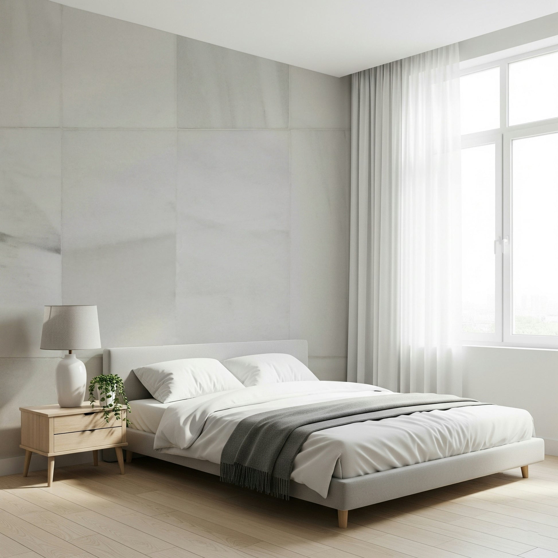 White stone wall mural combining smooth and slightly textured surfaces for a polished, modern look.