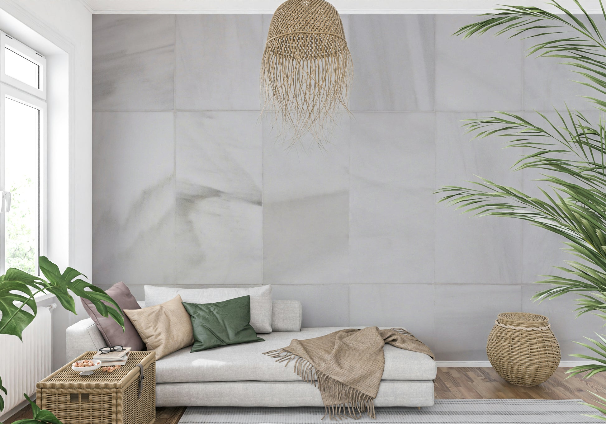 White Stone Blocks wall mural creating a sleek, elegant backdrop with subtle texture and depth.
