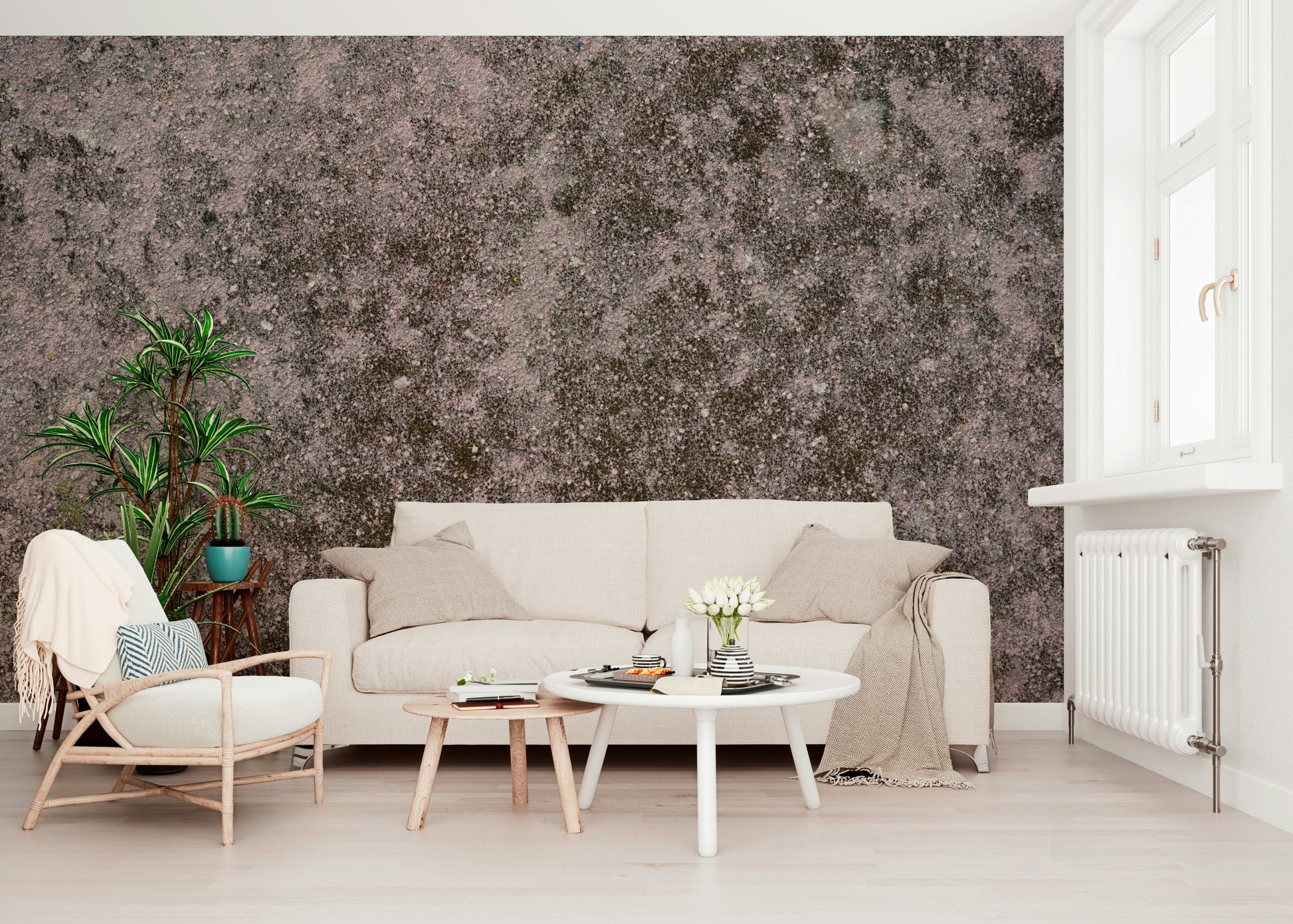 Textured wall mural with grunge-inspired patterns creating a bold, industrial-style accent wall.