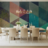 Textured triangle fusion mural with overlapping shapes and vibrant retro tones for eye-catching interiors.