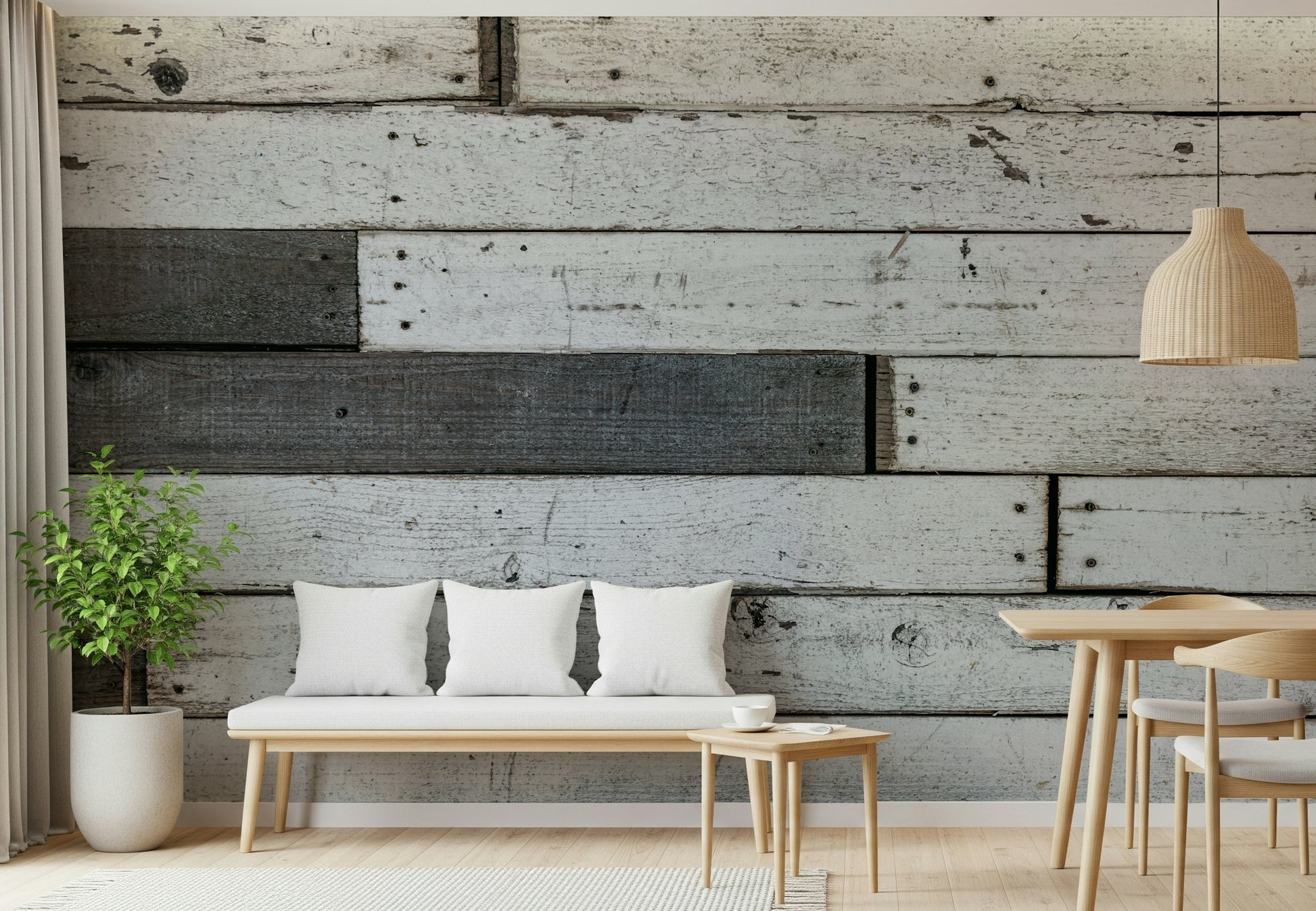 Textured wall mural with aged wood panels creating a vintage, farmhouse, or industrial-style accent wall.