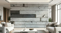 Textured mural with rough-hewn wooden panels adding warmth and character to modern rustic spaces.