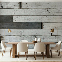 Rustic wood wallpaper mural with worn, layered panels for living rooms, lofts, or feature walls.