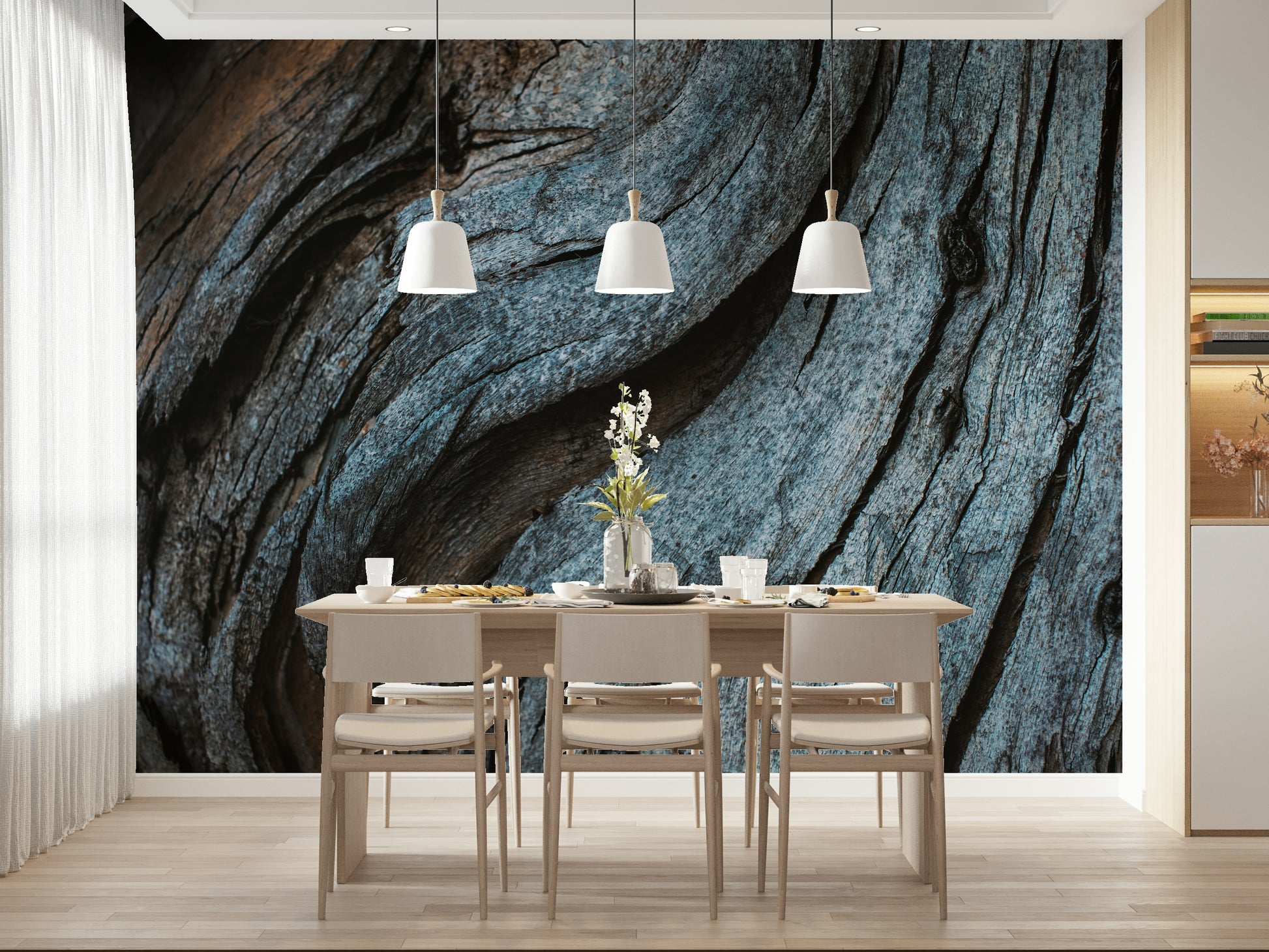 Weathered blue wood wall mural adding character, depth, and rustic charm to living rooms or offices.