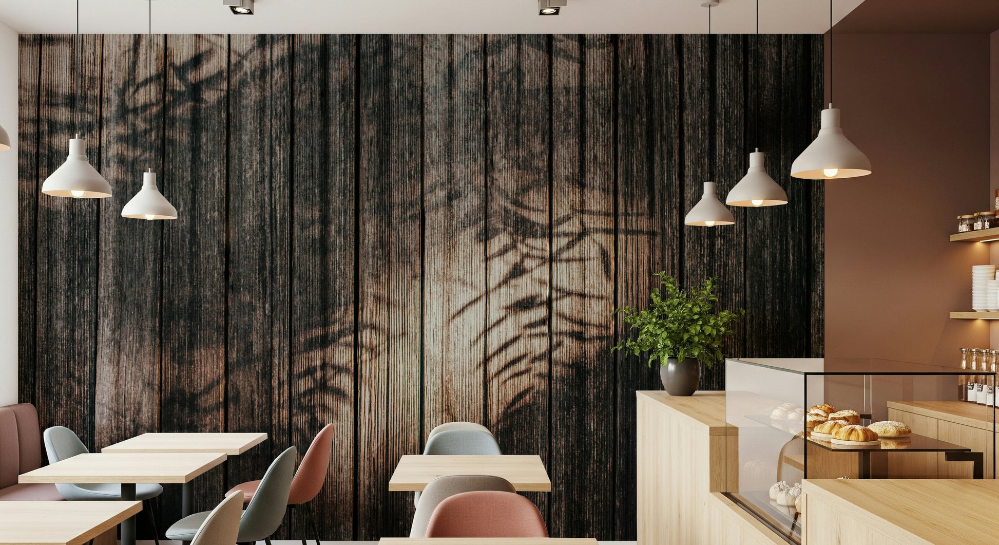 Natural wood texture wall mural with soft, airy tones creating a serene and inviting atmosphere.