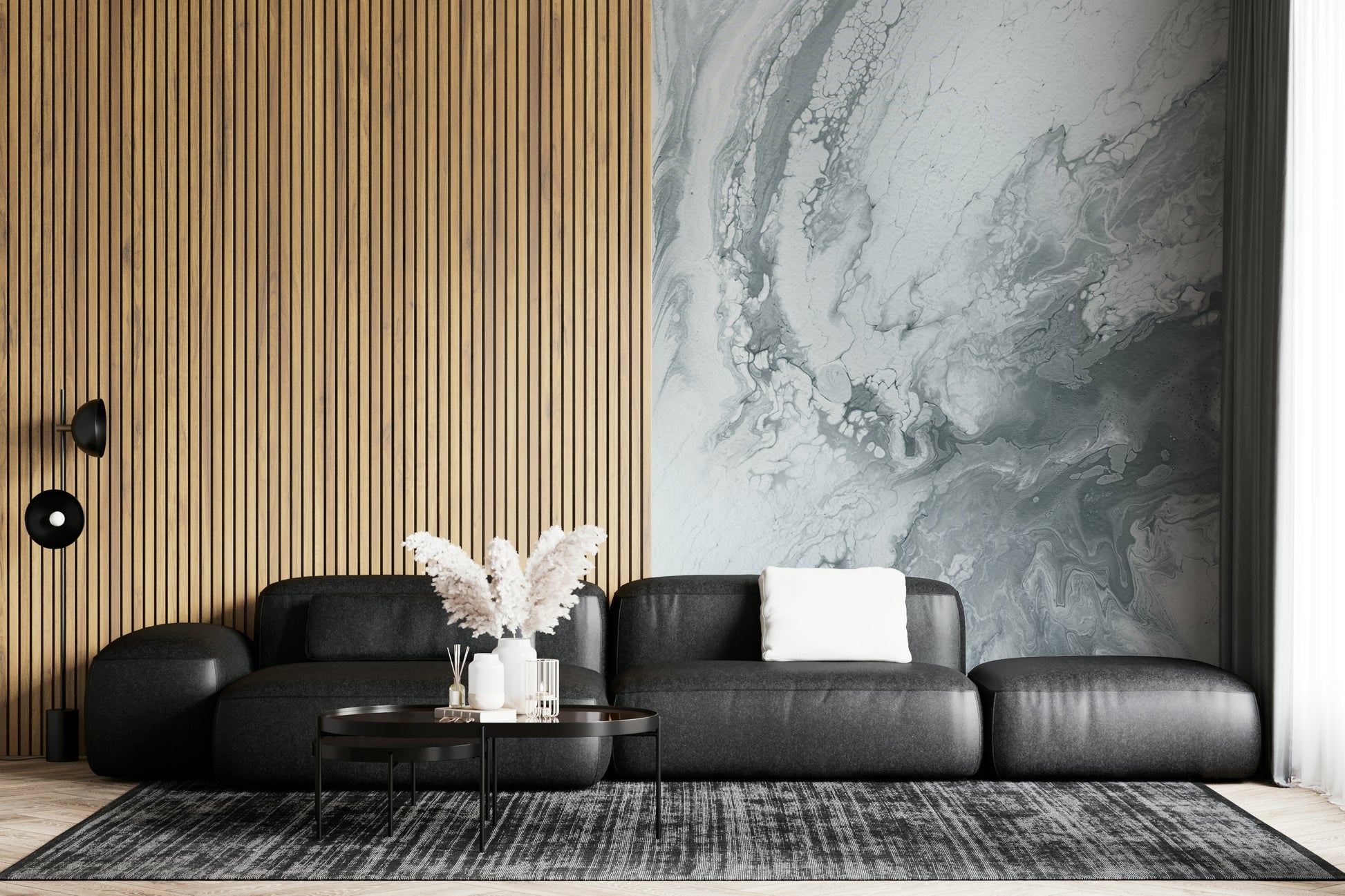 Wall mural with shimmering silver swirls and subtle texture for modern, contemporary interiors.