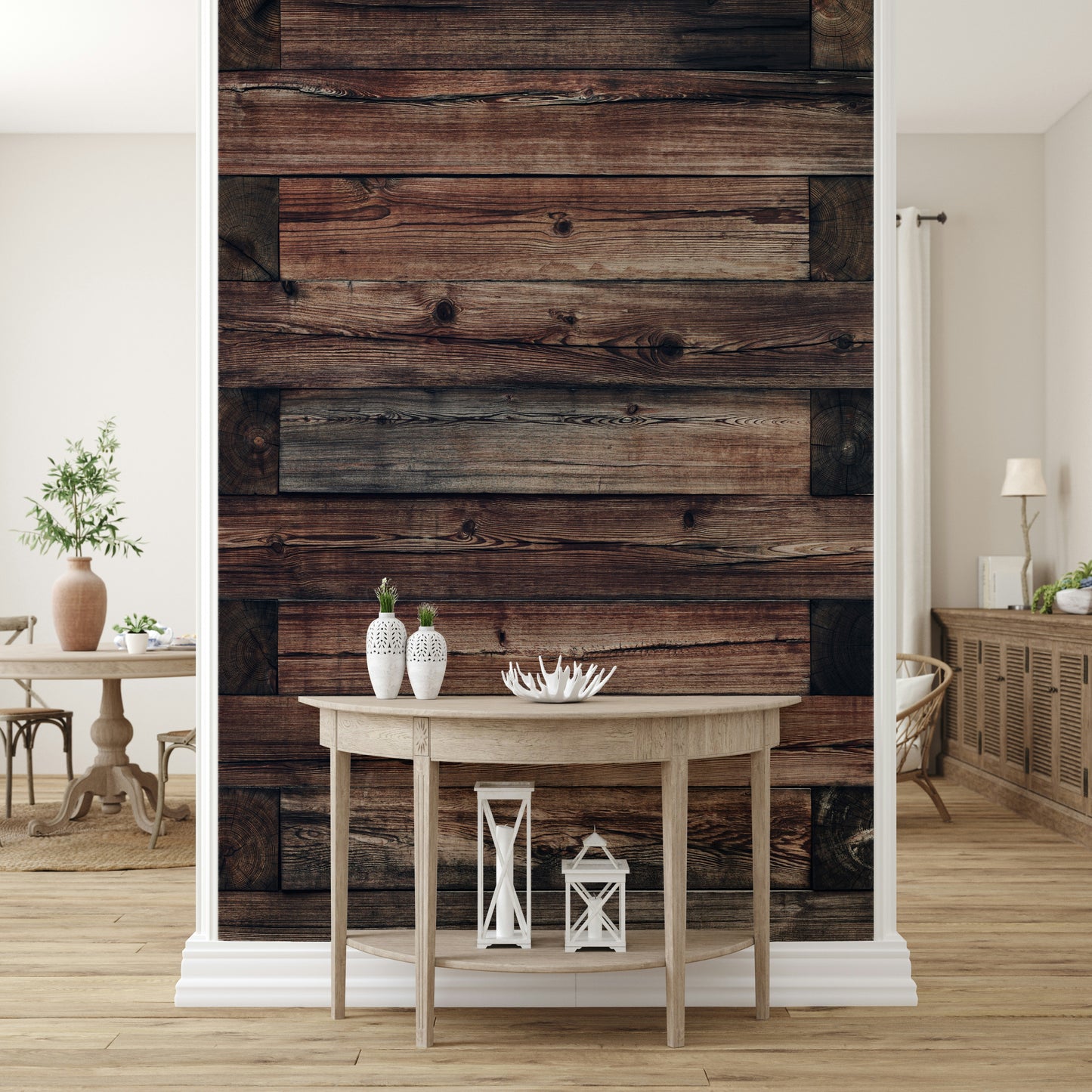 Natural timber texture wall mural with warm brown hues for farmhouse, industrial, or cottage interiors.