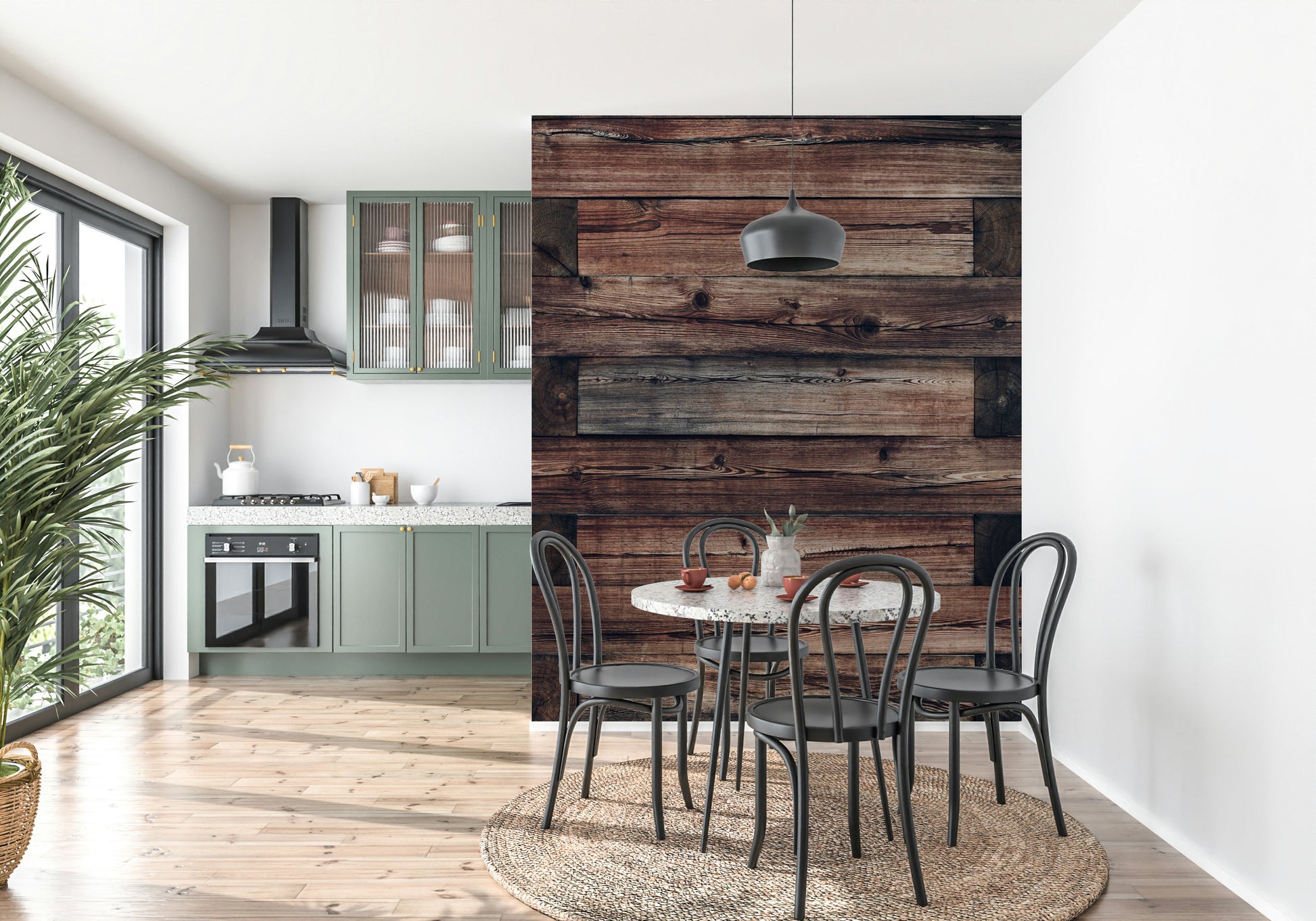 Rustic wood wallpaper mural with natural grain patterns for authentic, vintage-inspired interior design.