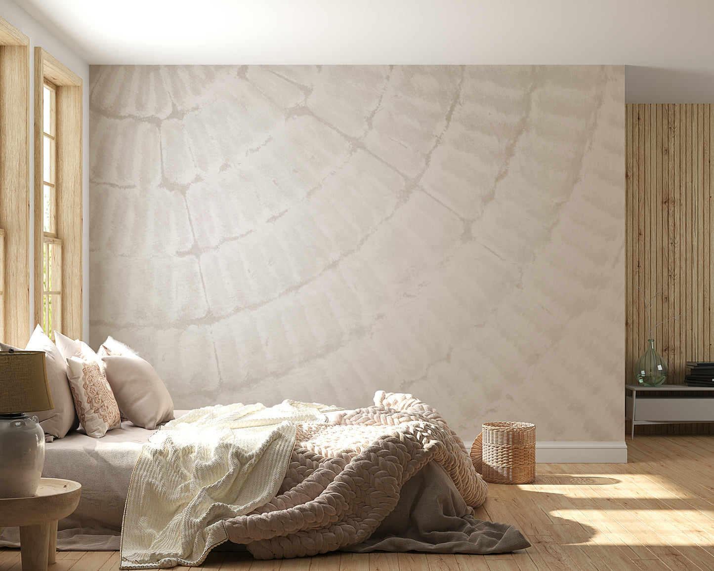 Wall mural with layered oyster shell textures and muted colors for coastal, minimalist, or contemporary décor.