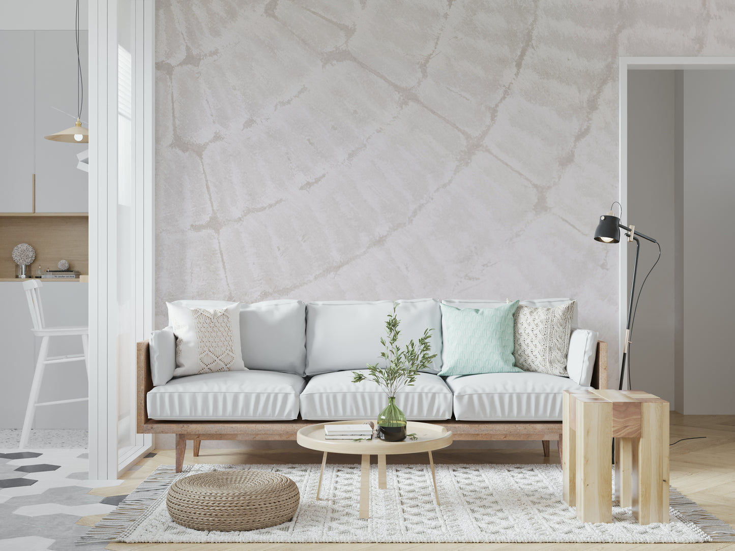 Oyster Shell Echo wallpaper mural combining subtle textures and soft neutral tones for sophisticated interiors.