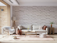 Modern urban white brick wall mural with textured surfaces for cozy yet contemporary décor.