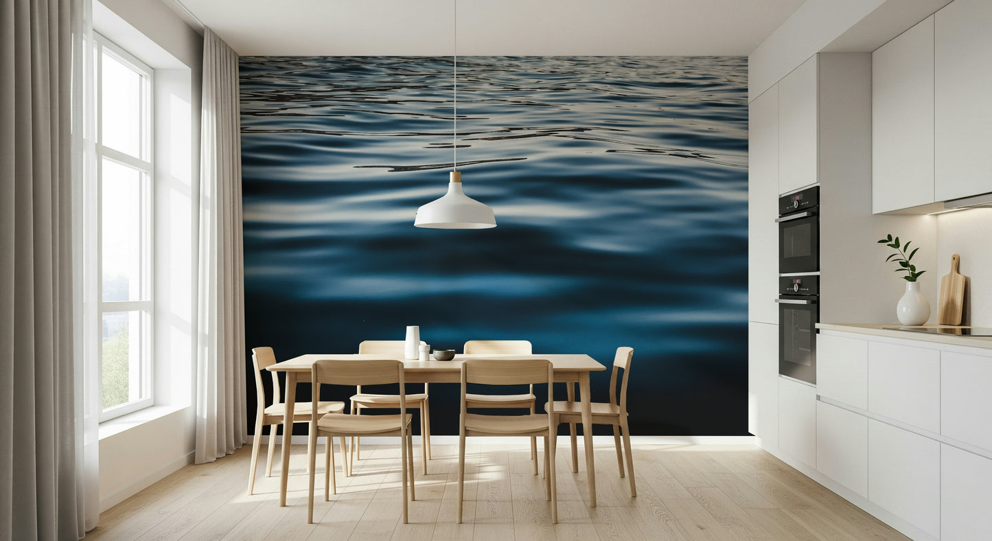 Decorative wall mural capturing the depth and movement of ocean waters in vibrant blue hues.