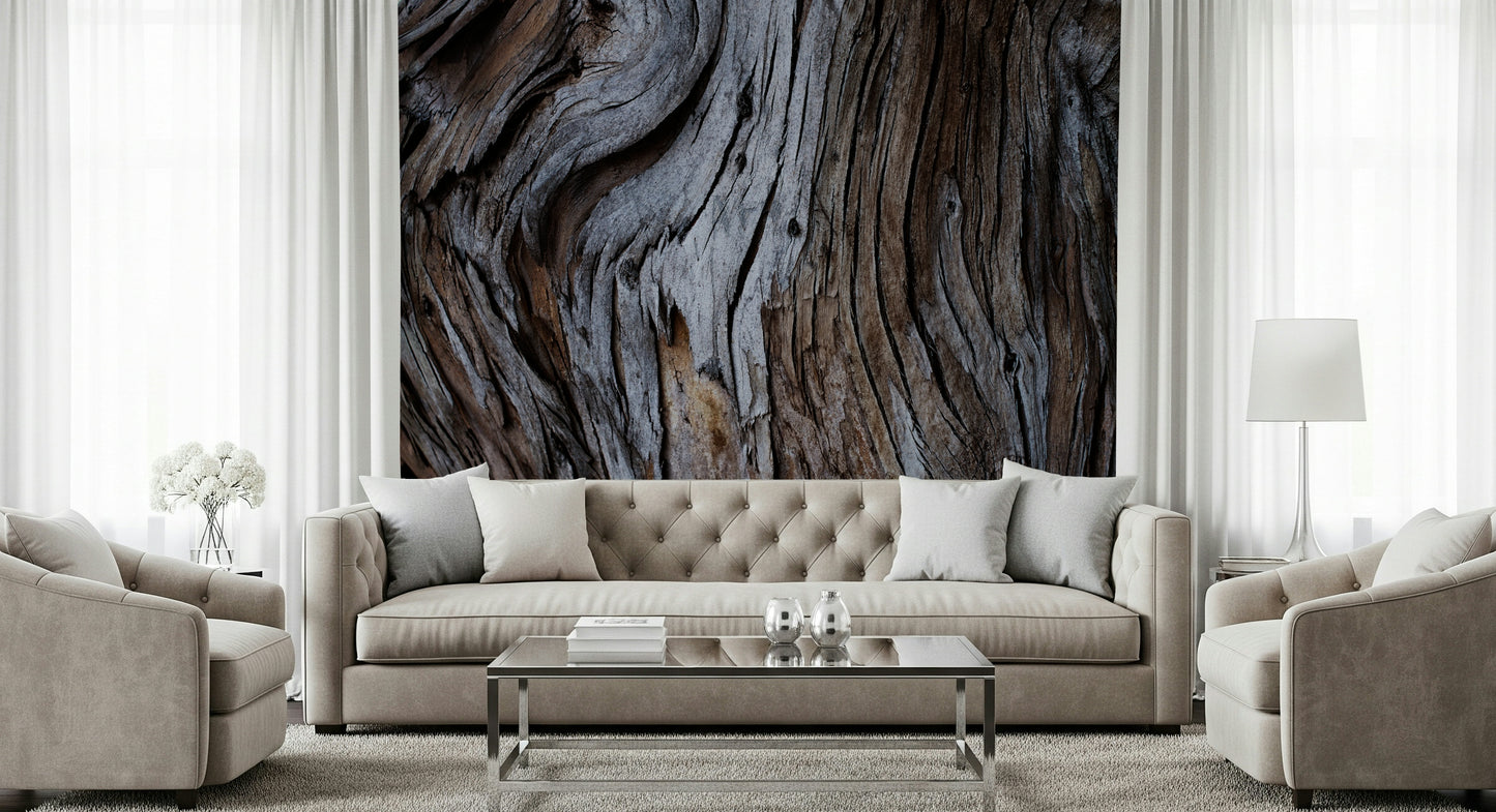 Wall mural with aged wooden textures and warm earthy tones creating a grounding, rustic feel.