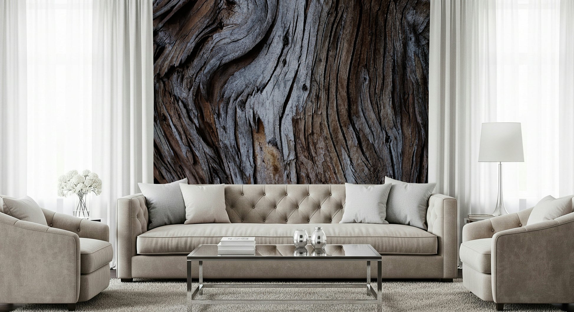 Wall mural with aged wooden textures and warm earthy tones creating a grounding, rustic feel.