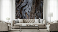 Wall mural with aged wooden textures and warm earthy tones creating a grounding, rustic feel.