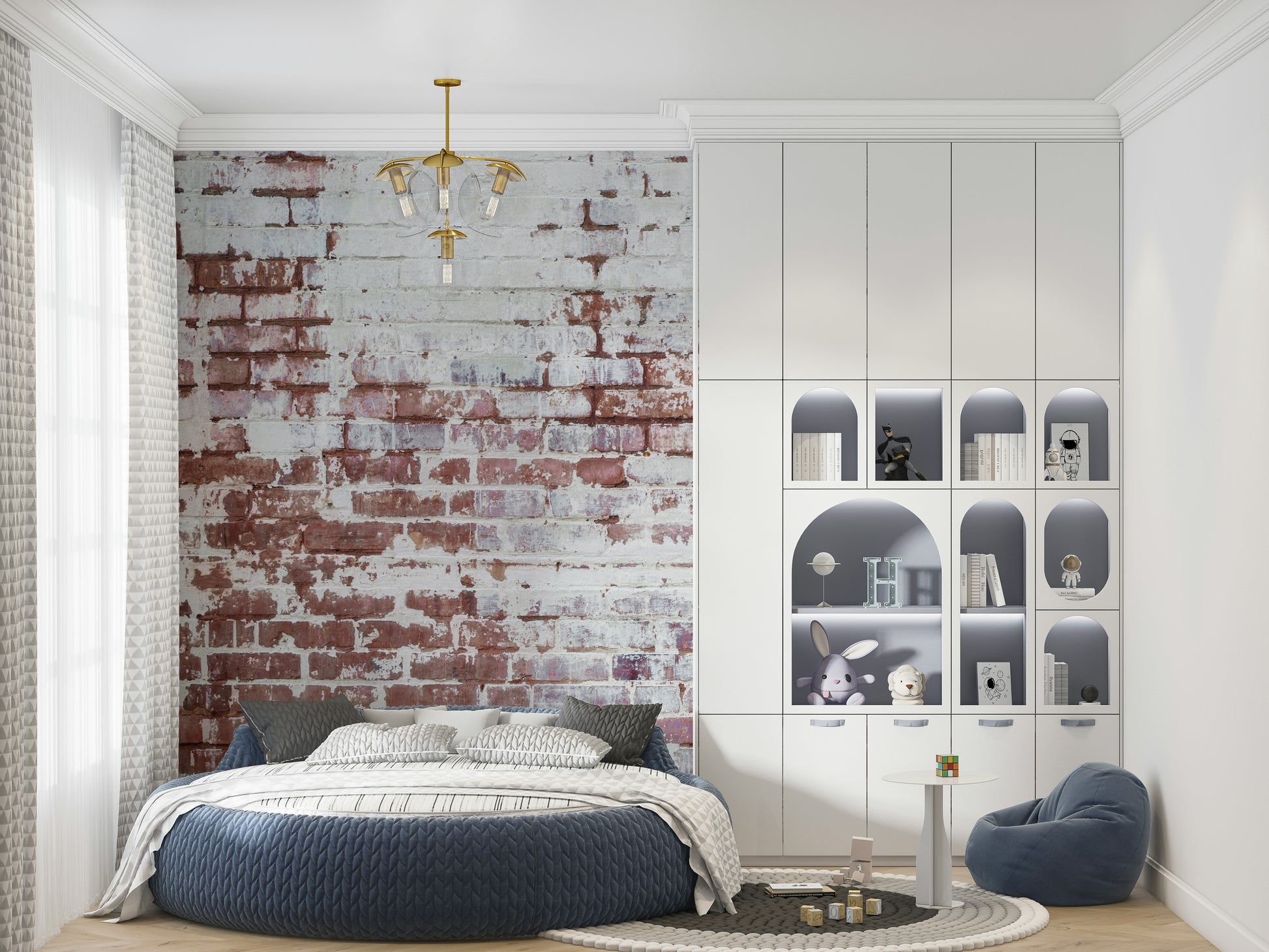 Industrial-inspired brick wallpaper mural with faded, weathered surfaces for edgy, contemporary interiors.