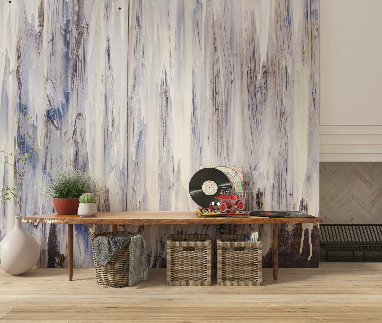 Dripping Serenity wallpaper mural with flowing, muted tones creating a relaxing and stylish ambiance.