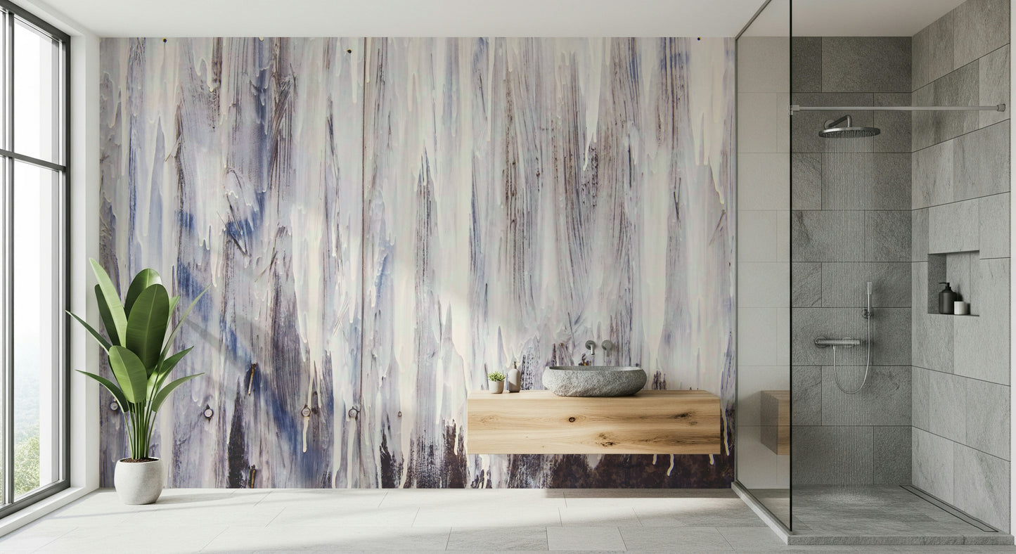 Textured mural with cascading abstract drips in calming shades for a tranquil feature wall.