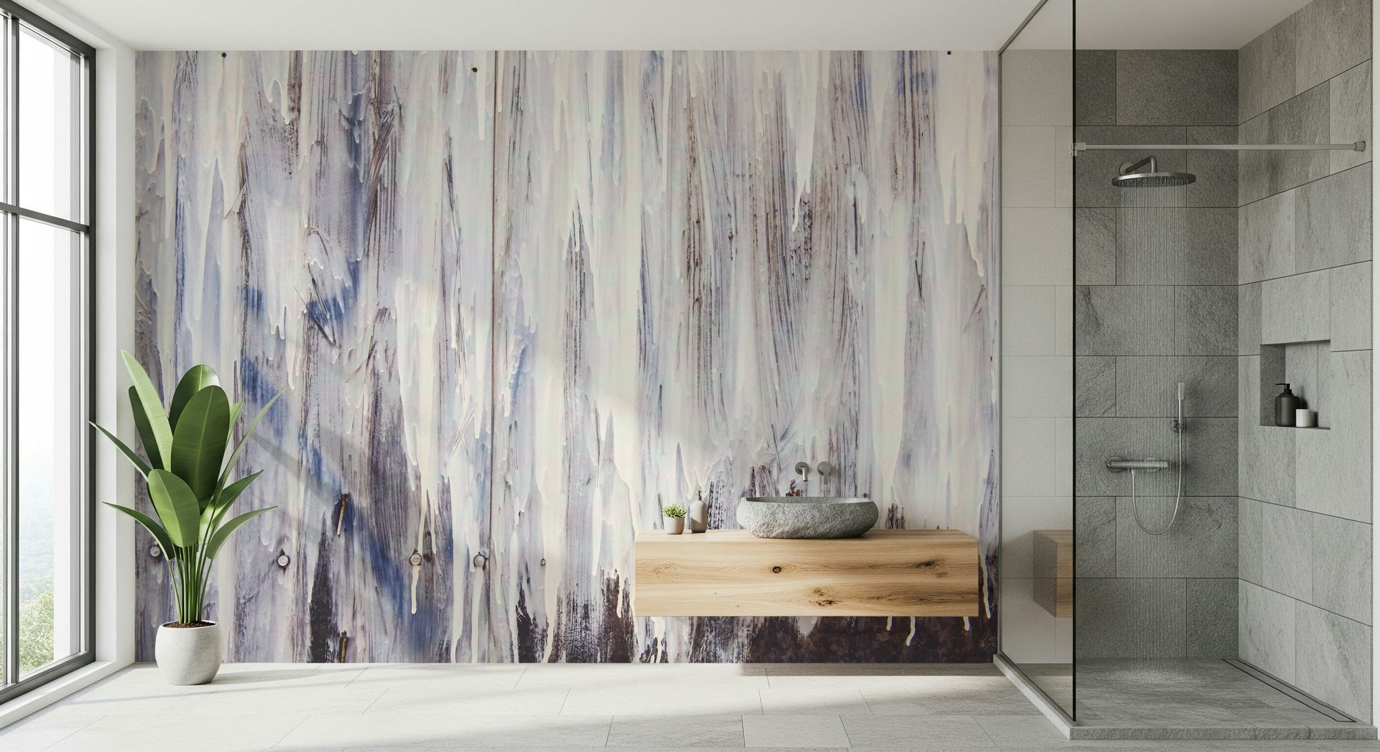 Textured mural with cascading abstract drips in calming shades for a tranquil feature wall.