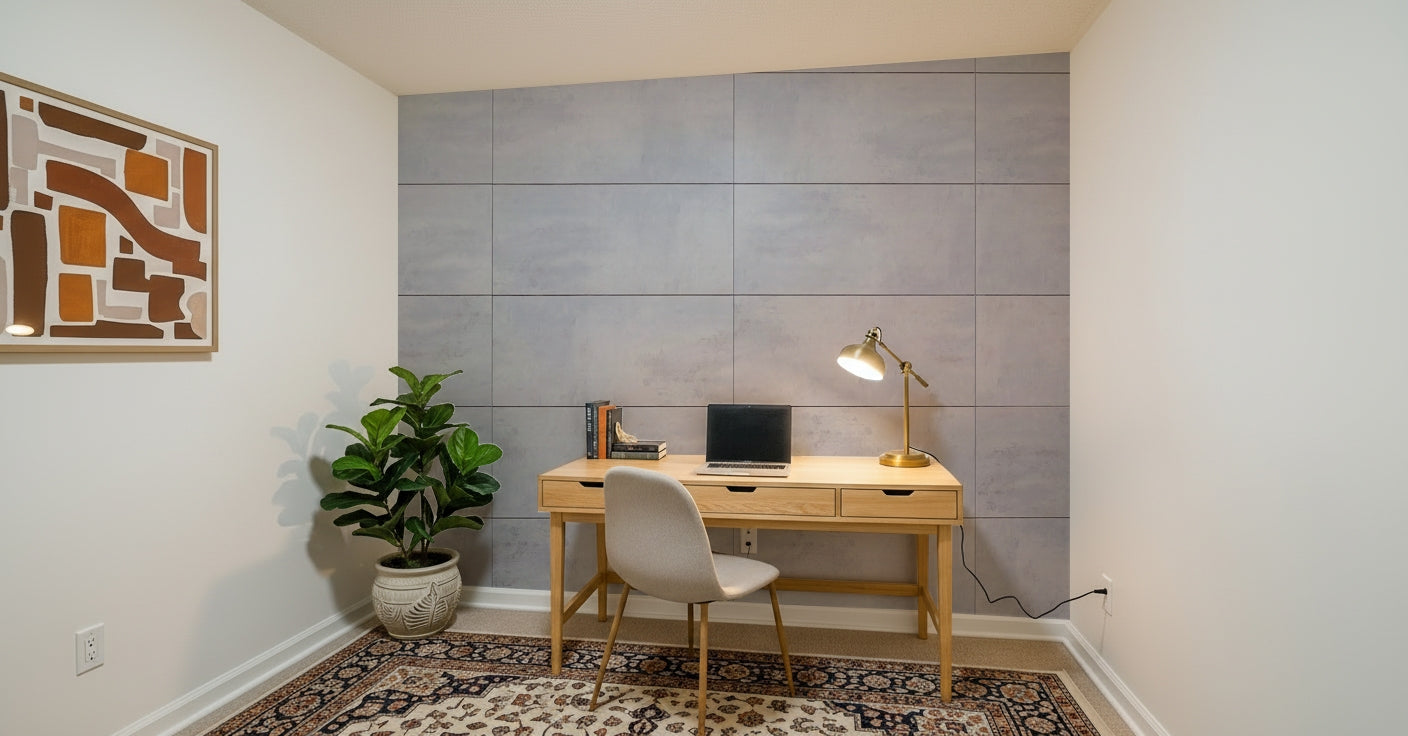 Textured grey grid wall mural creating depth, order, and modern aesthetic appeal.