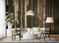 Textured wooden wall mural with distressed surfaces for vintage, industrial, or farmhouse-style interiors.