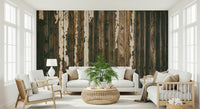 Decorative wall mural featuring layered weathered wood planks for cozy, rustic interior appeal.