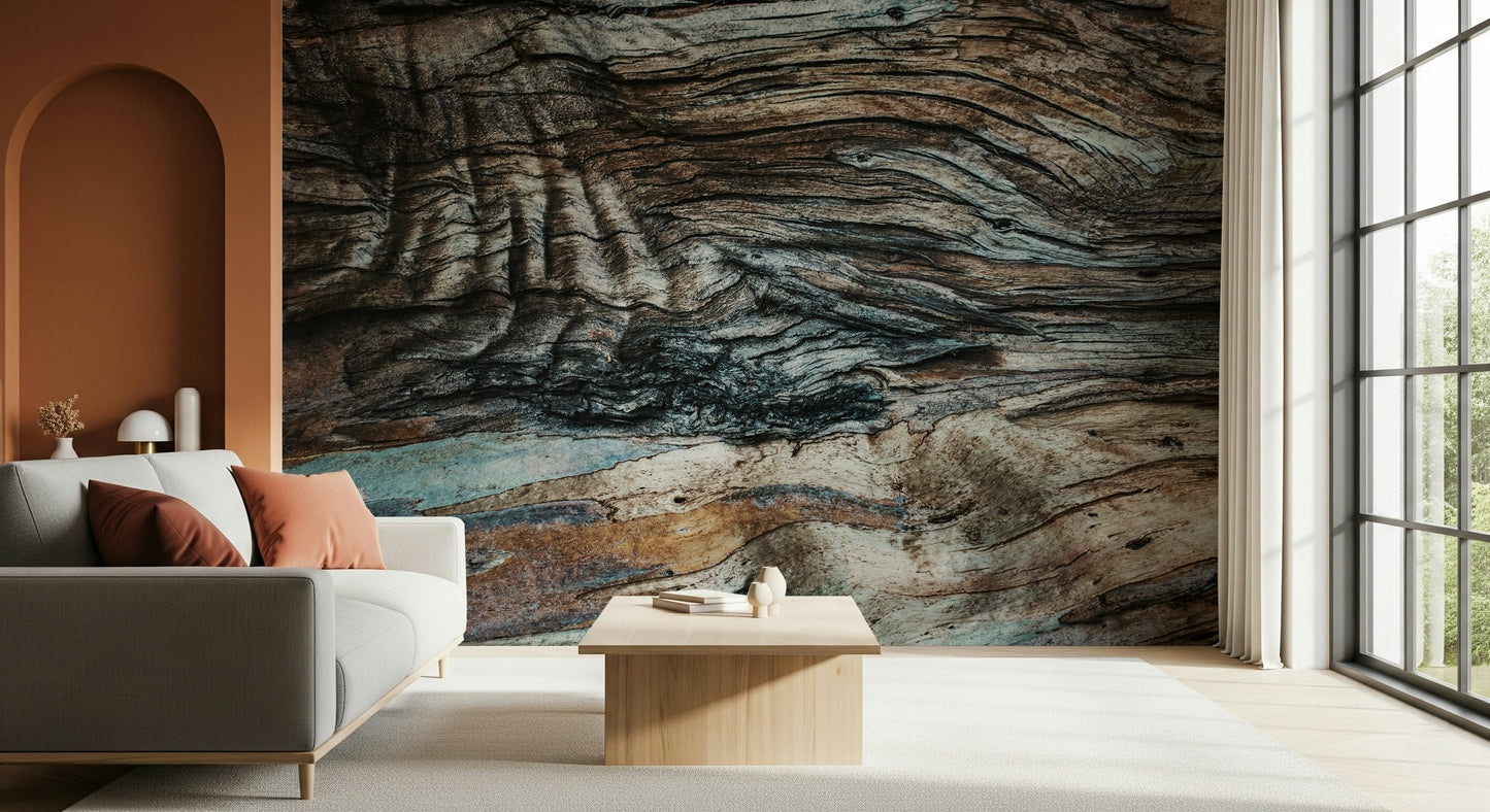 Natural bark texture wall mural creating a grounding, organic focal point for any interior space.