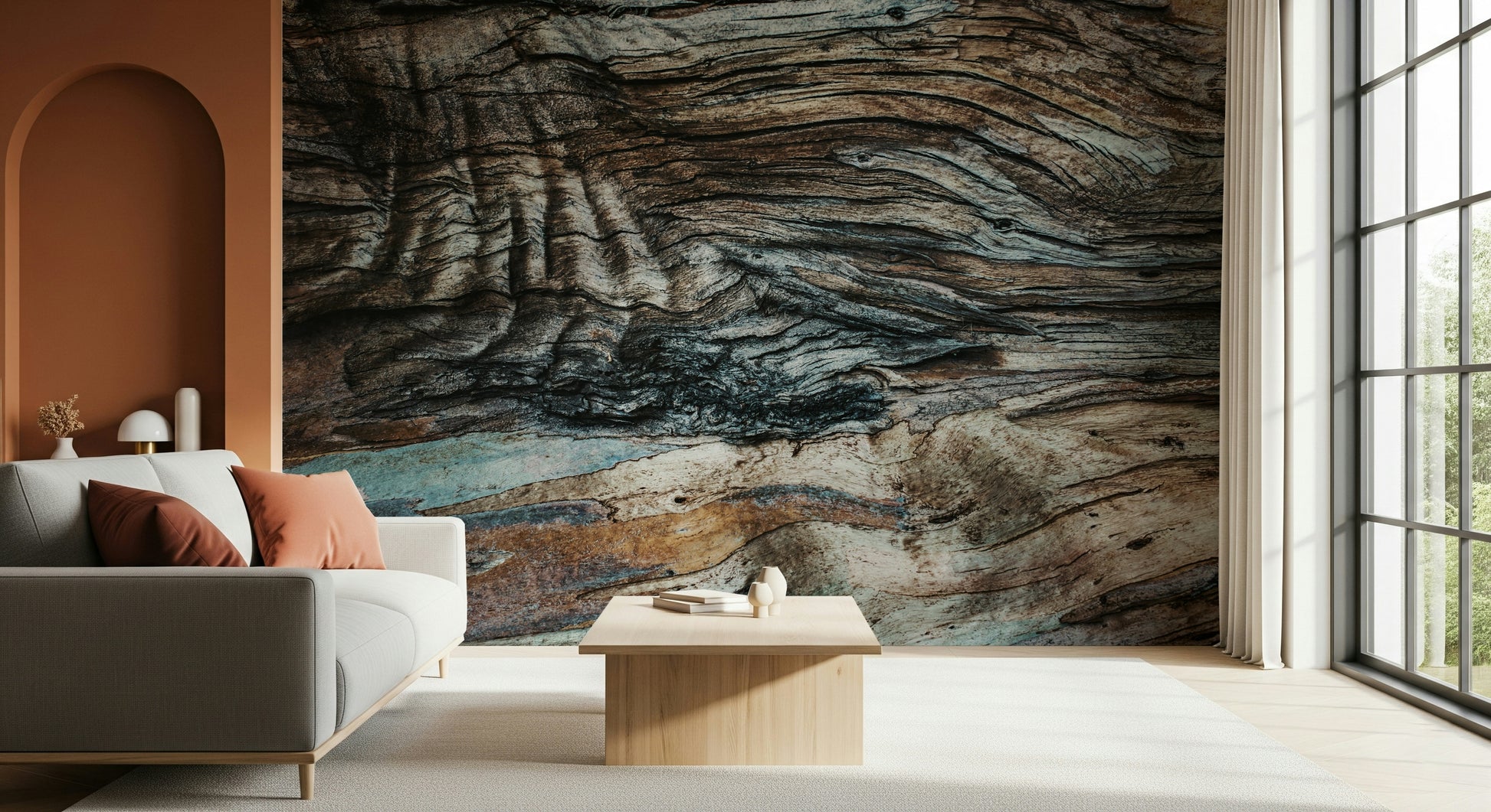 Natural bark texture wall mural creating a grounding, organic focal point for any interior space.