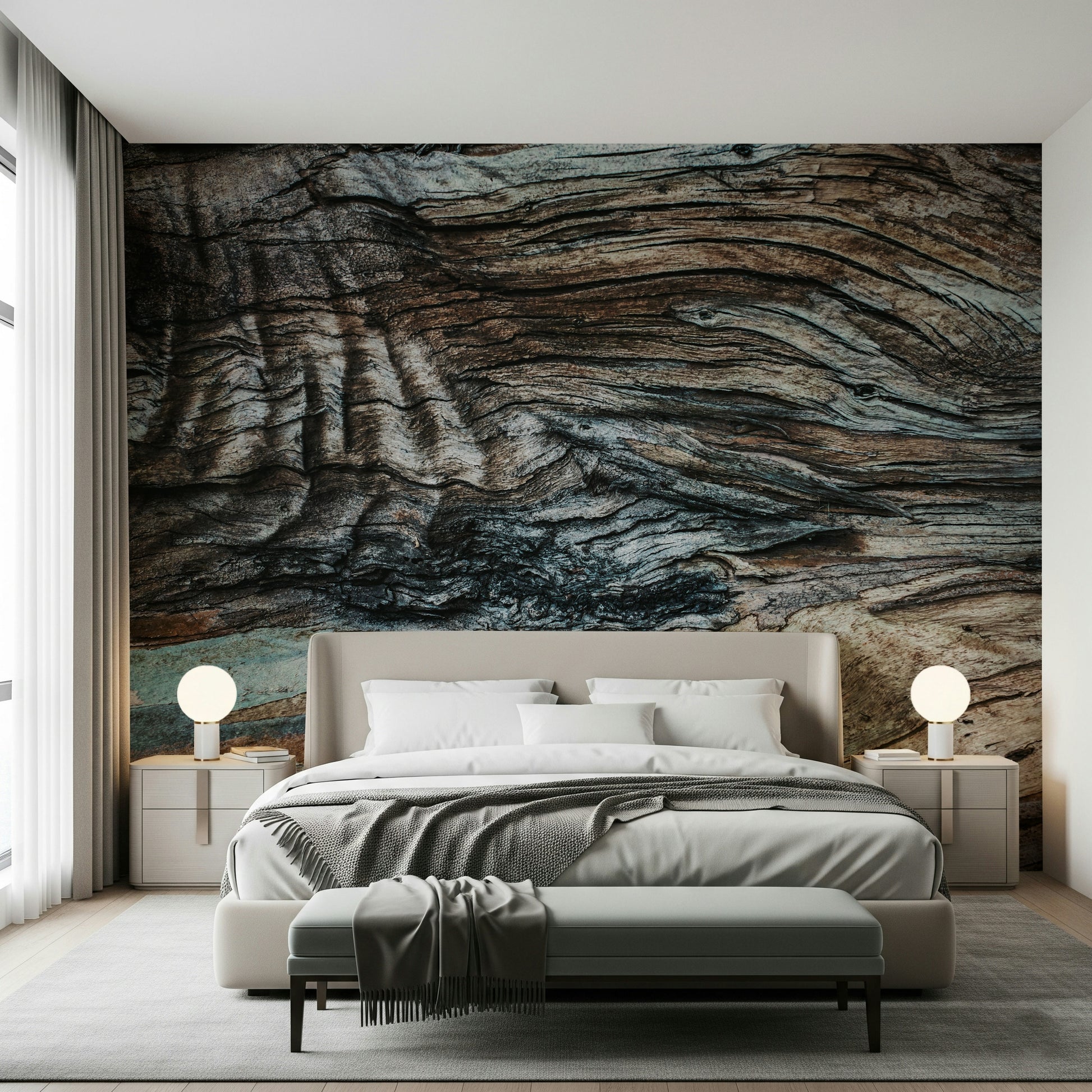 Eucalyptus bark texture wallpaper mural in neutral earthy hues for cozy and natural interior accents.