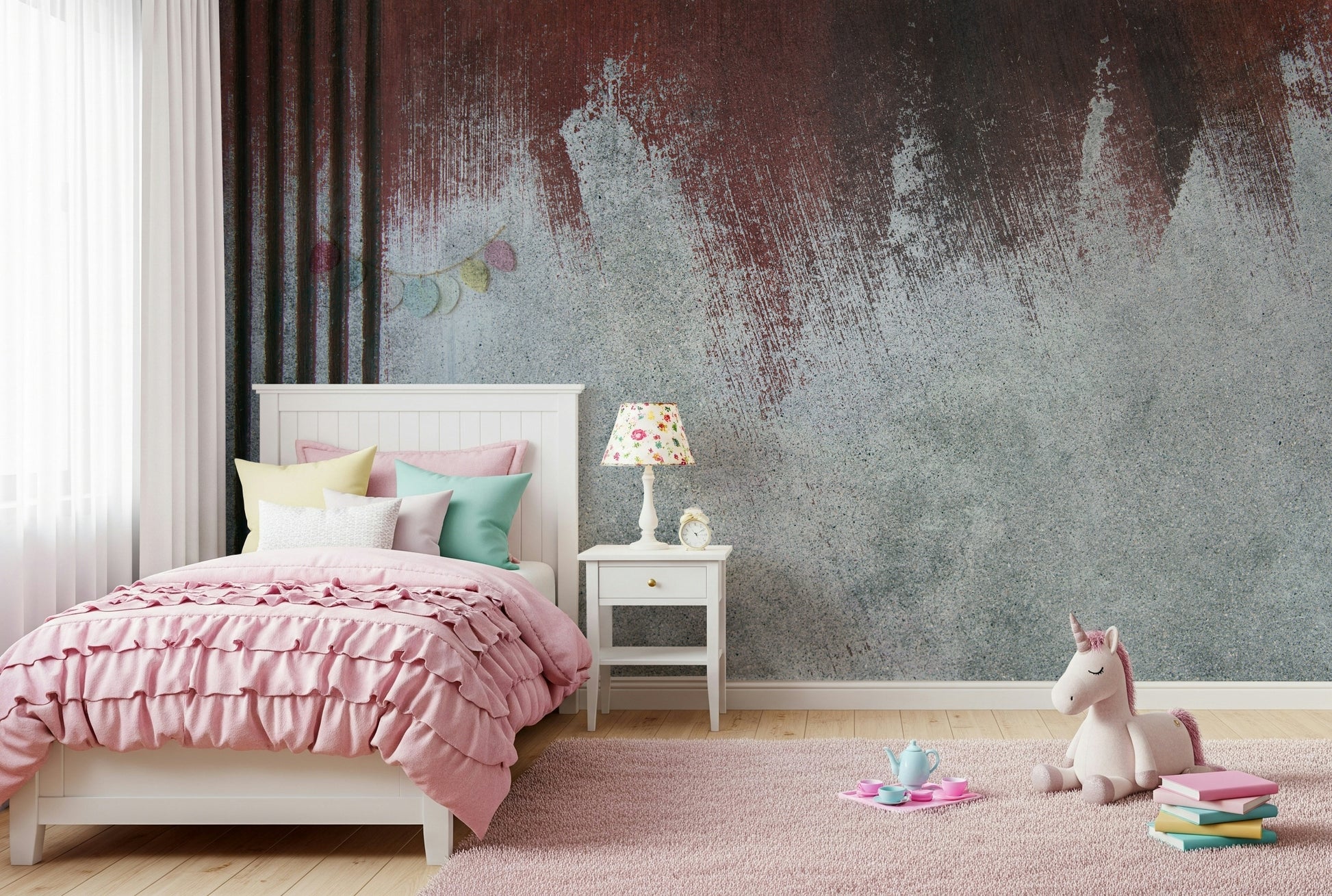 Decorative faded texture wallpaper mural adding an edgy, worn aesthetic to any interior space.