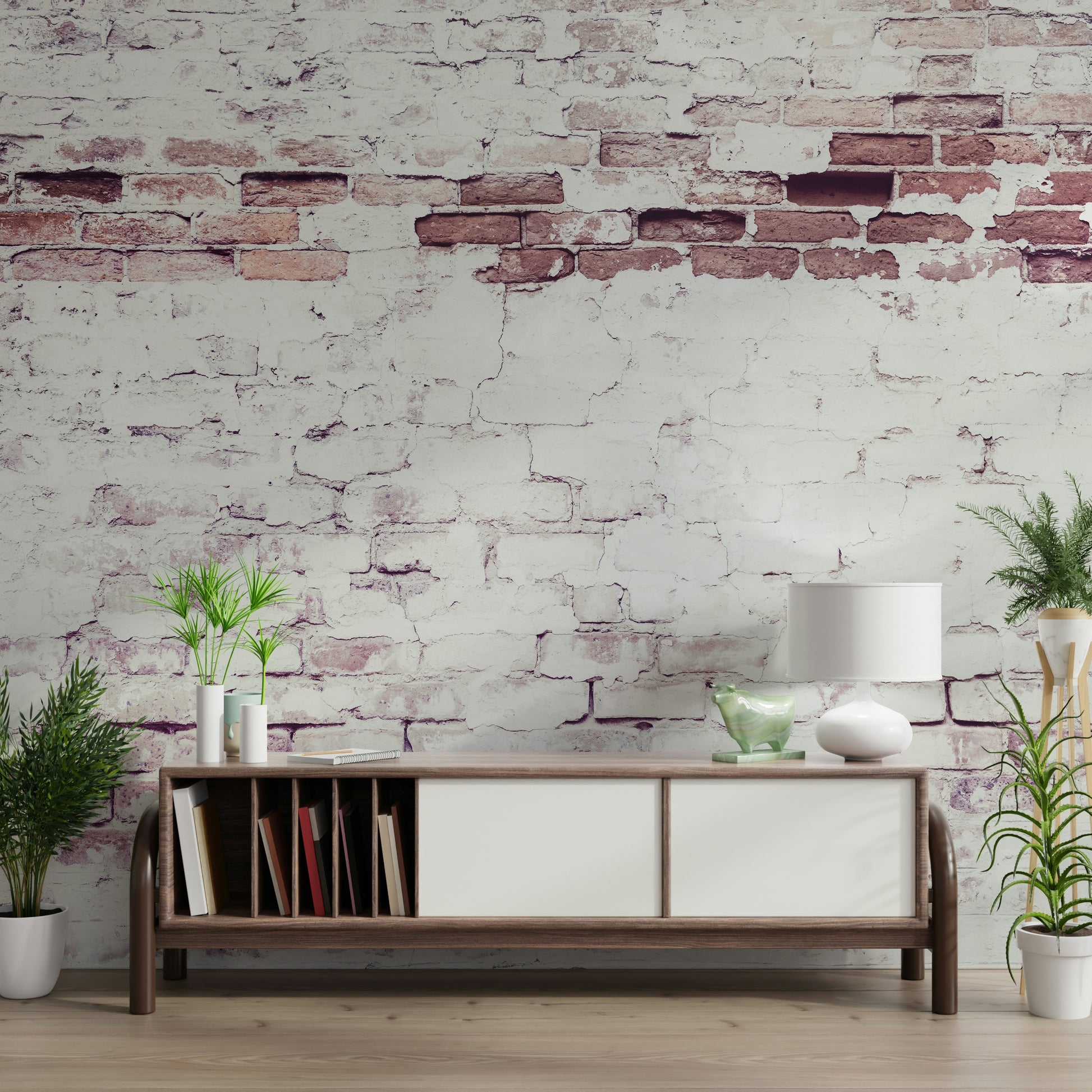Decorative faded brickwork wallpaper mural adding character, depth, and rustic charm to any room.
