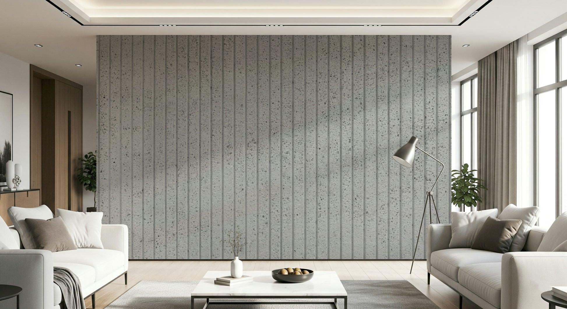 Wall mural showcasing layered concrete textures with subtle linear patterns for minimalist and industrial décor.