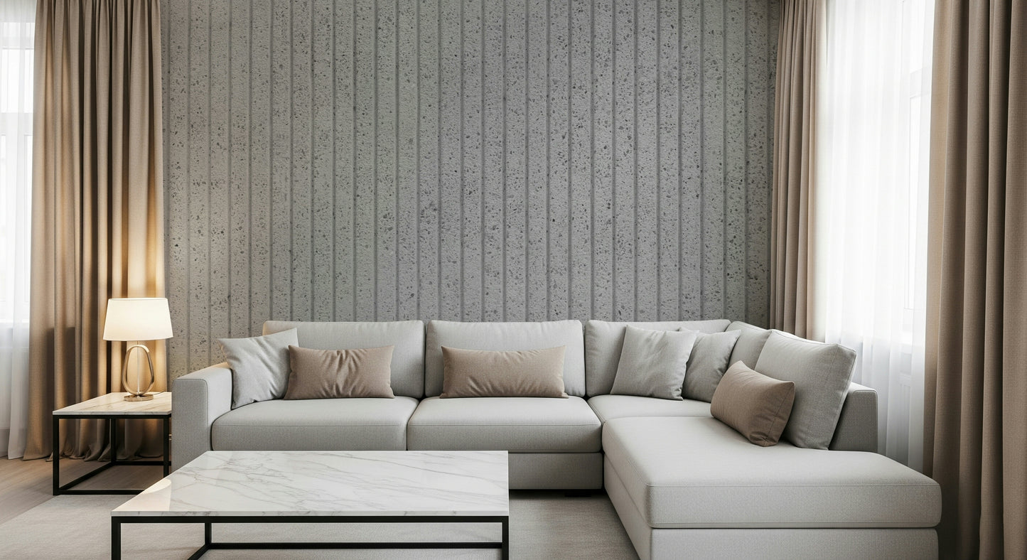 Linear concrete wallpaper mural adding depth, sophistication, and modern architectural appeal to living spaces.
