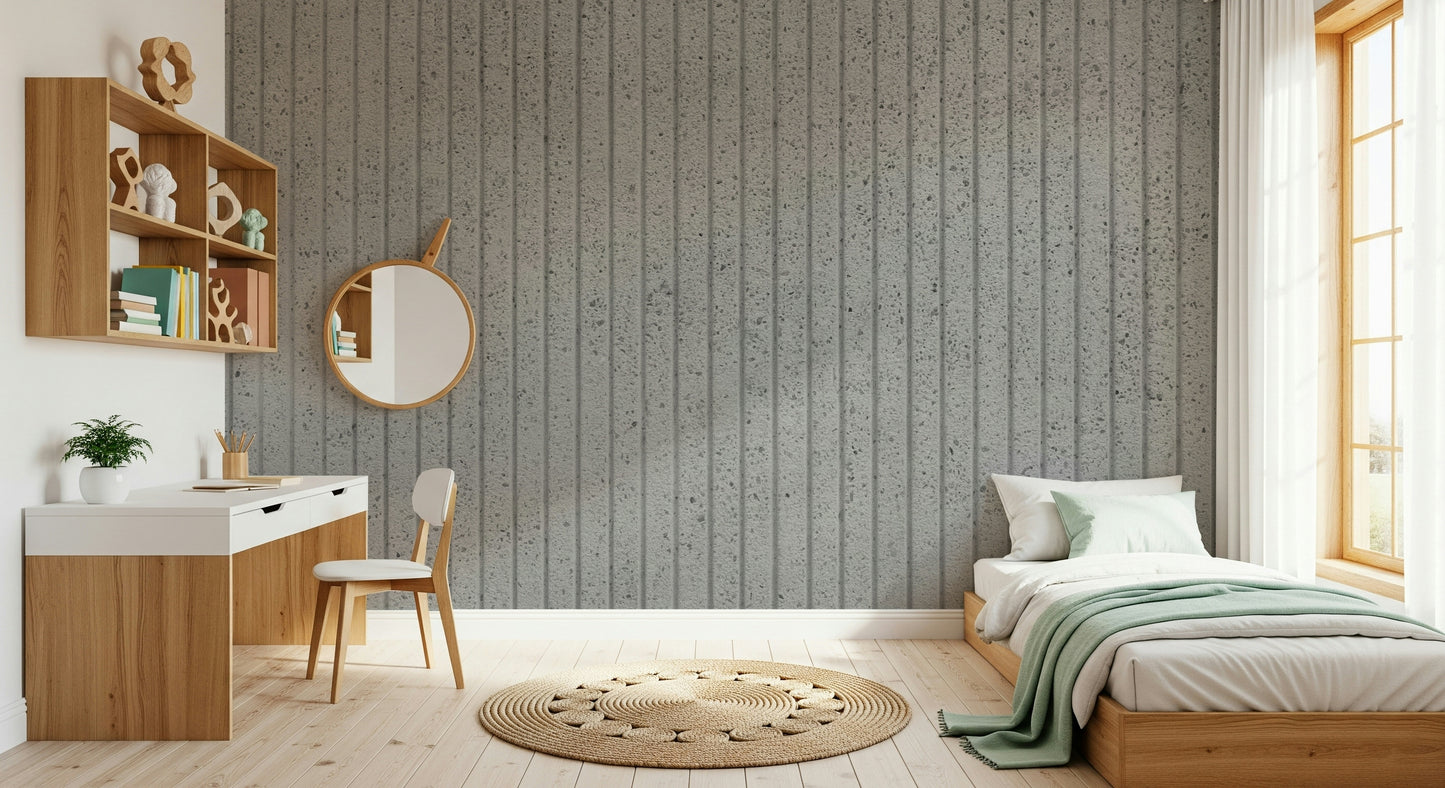 Textured wall mural with linear concrete designs creating a three-dimensional illusion on accent walls.