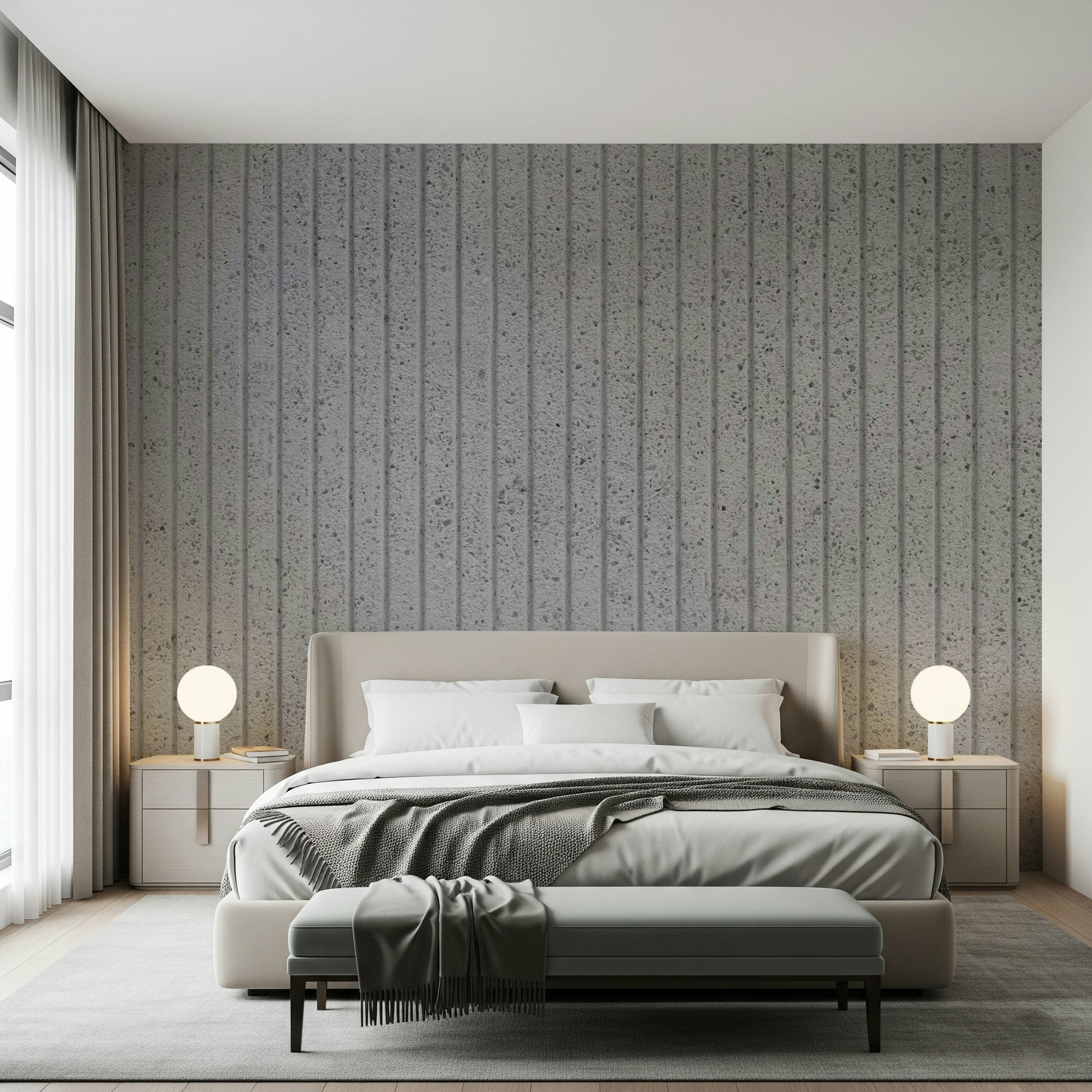 Wall mural with linear concrete illusions creating a clean, modern, and stylish feature wall.