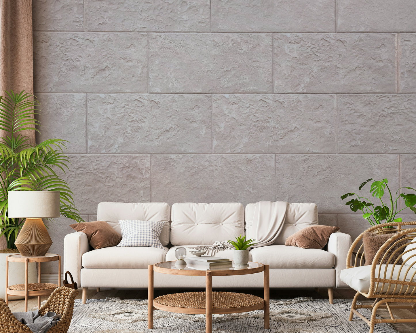 Elegant Stone Blocks Wall Mural featuring neatly arranged natural stone textures in soft neutral tones for sophisticated interiors.