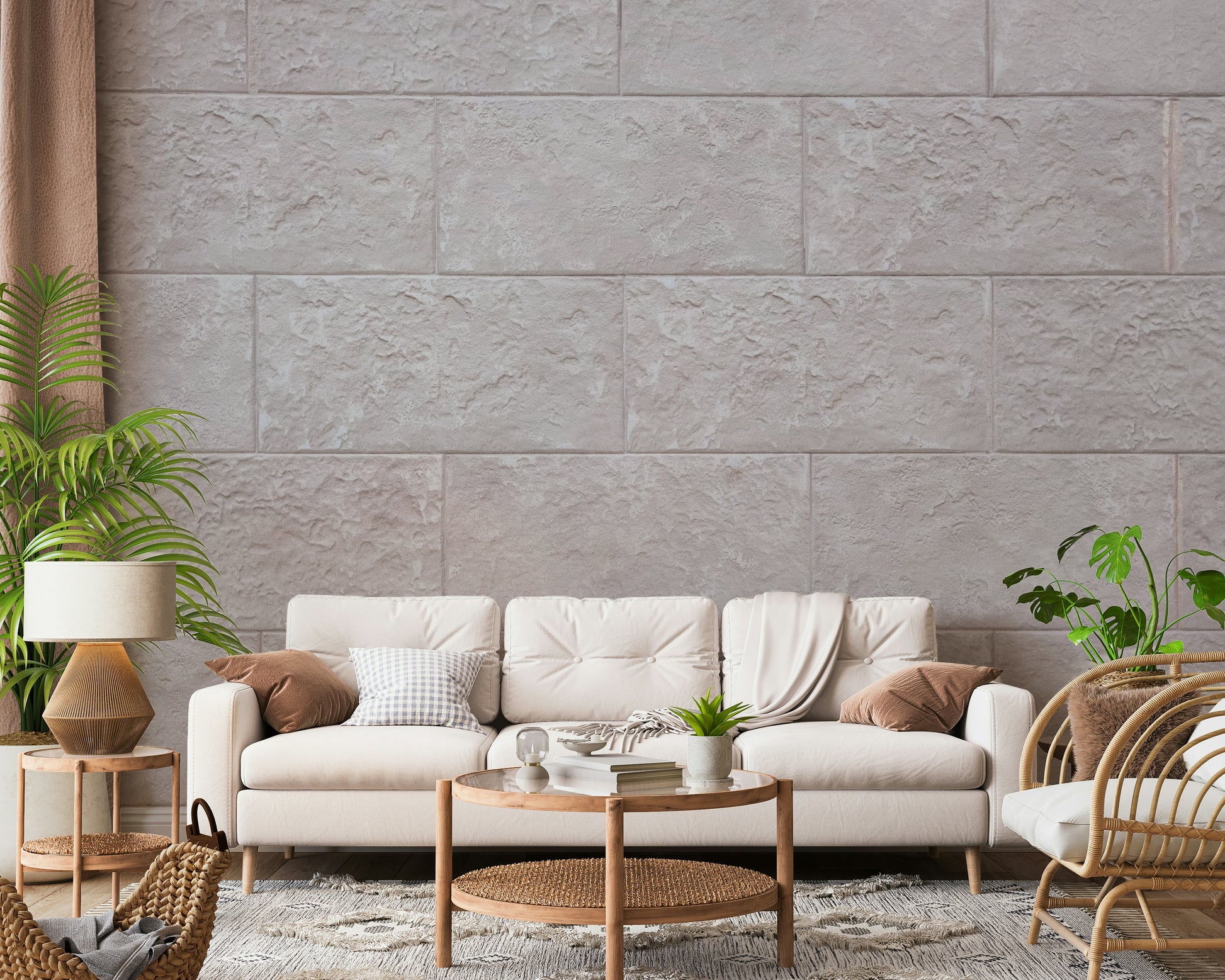 Elegant Stone Blocks Wall Mural featuring neatly arranged natural stone textures in soft neutral tones for sophisticated interiors.