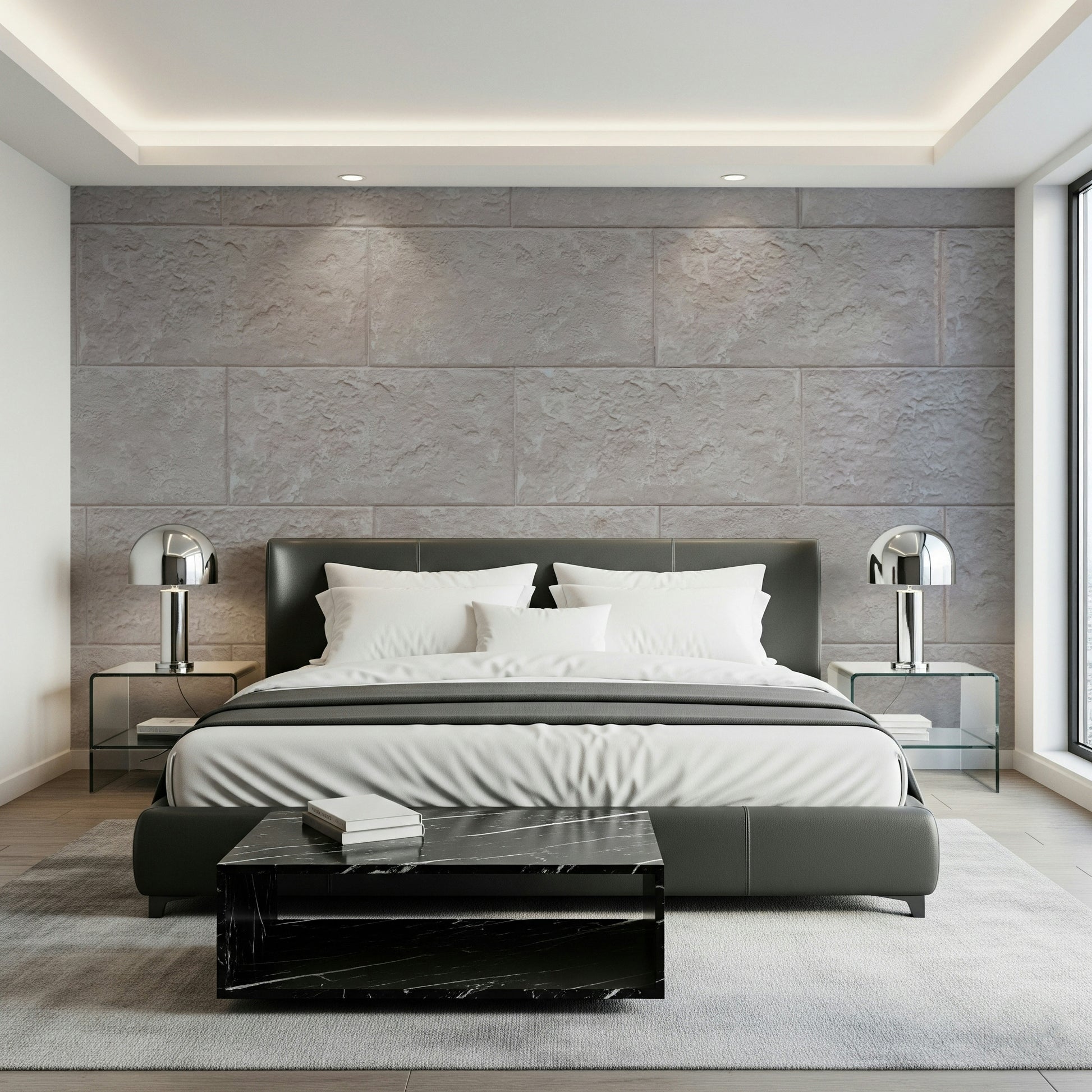 Decorative wall mural with stacked stone blocks for a chic, contemporary interior aesthetic.