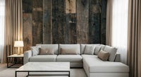 Textured wall mural with layered rustic wood panels adding charm and natural warmth to living spaces.