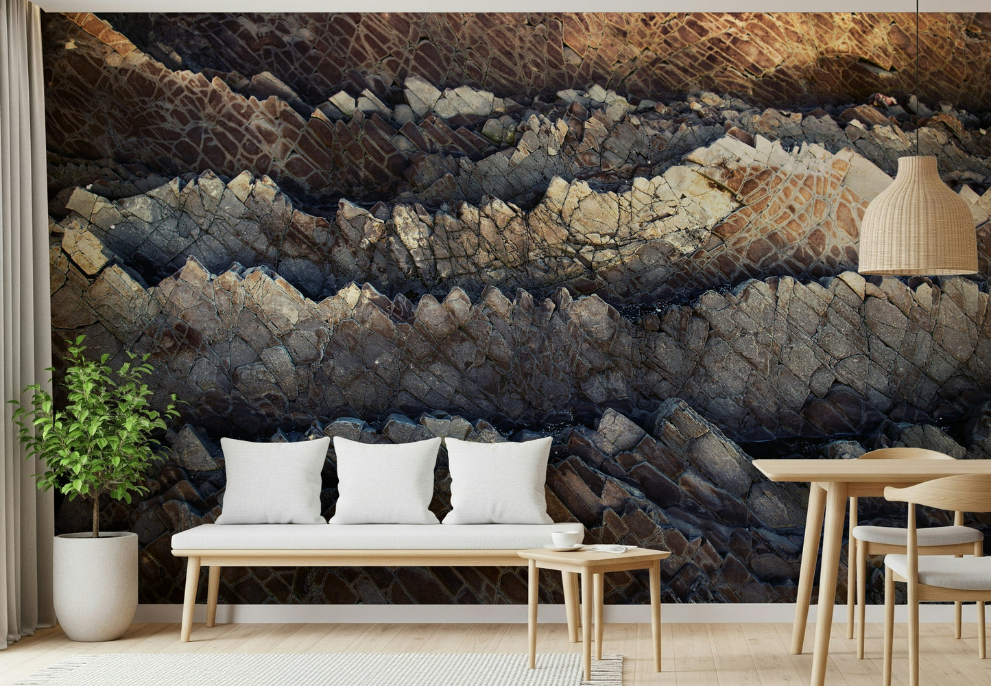 Stratified stone texture wallpaper mural adding natural elegance and rugged charm to any interior.