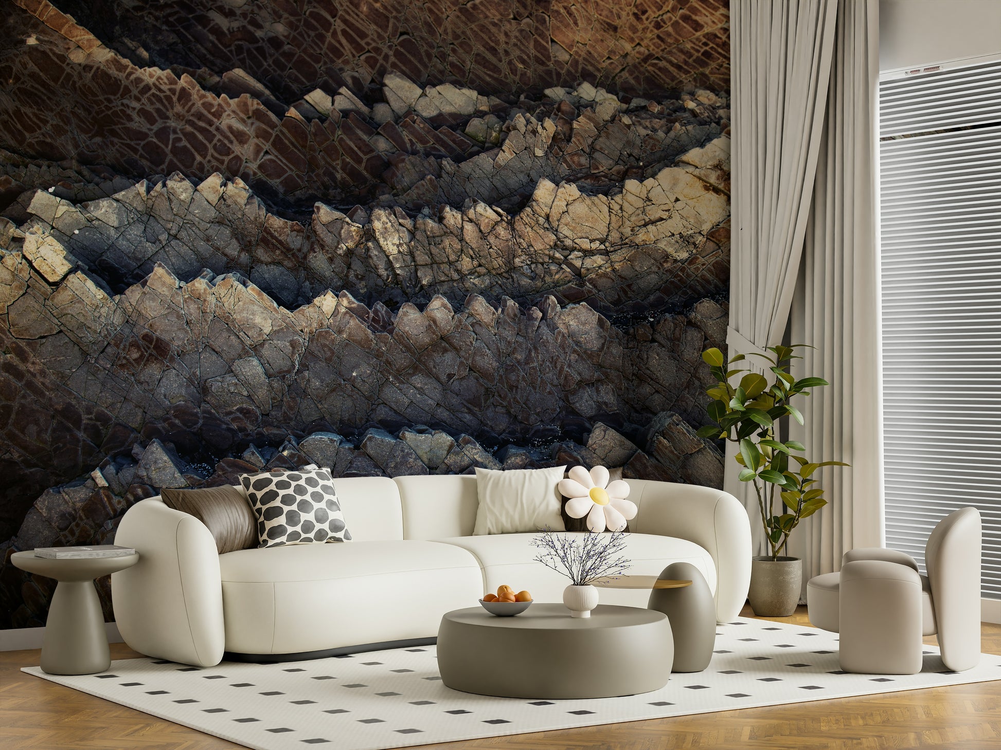 Wall mural featuring natural stone strata with realistic textures for modern rustic or industrial interiors.